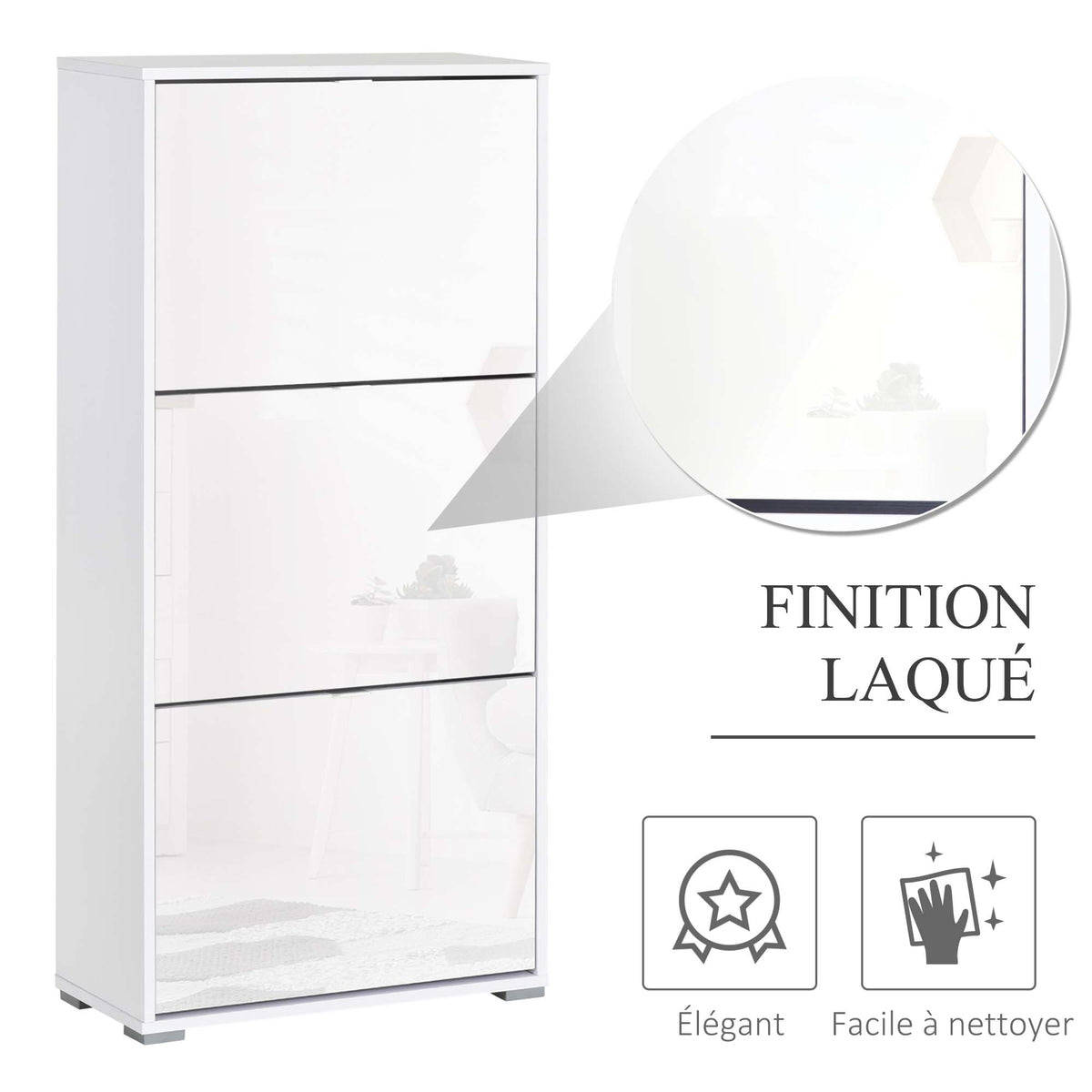 Meuble à Chaussures Armoire à chaussures 3 Portes abattantes 3 Compartiments en bois 60L x 26I x 124H cm Blanc laqué
