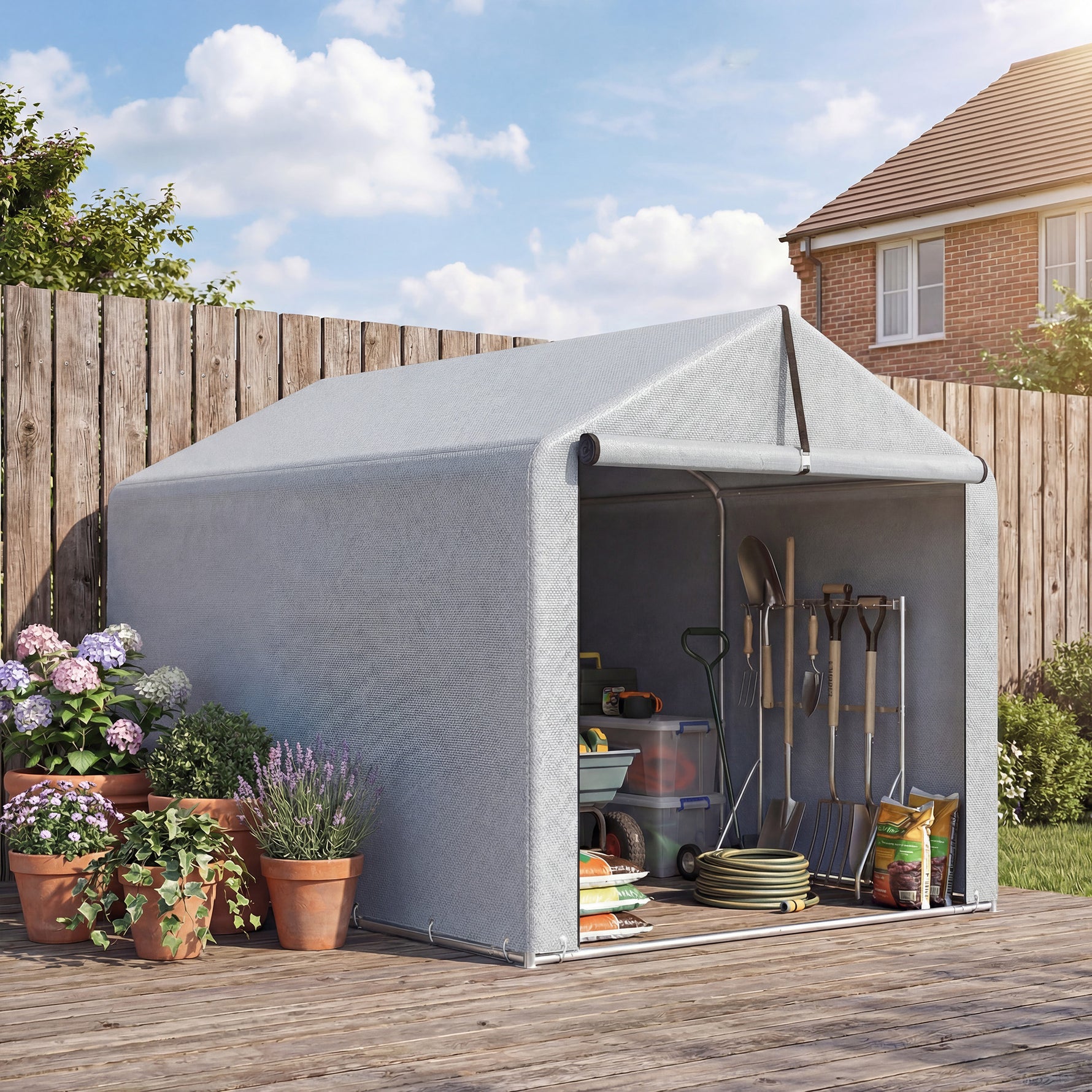 Abri de jardin tente de stockage imperméable abri moto porte enroulable, pour vélo moto 162 x 221,5 x 163 cm, gris clair