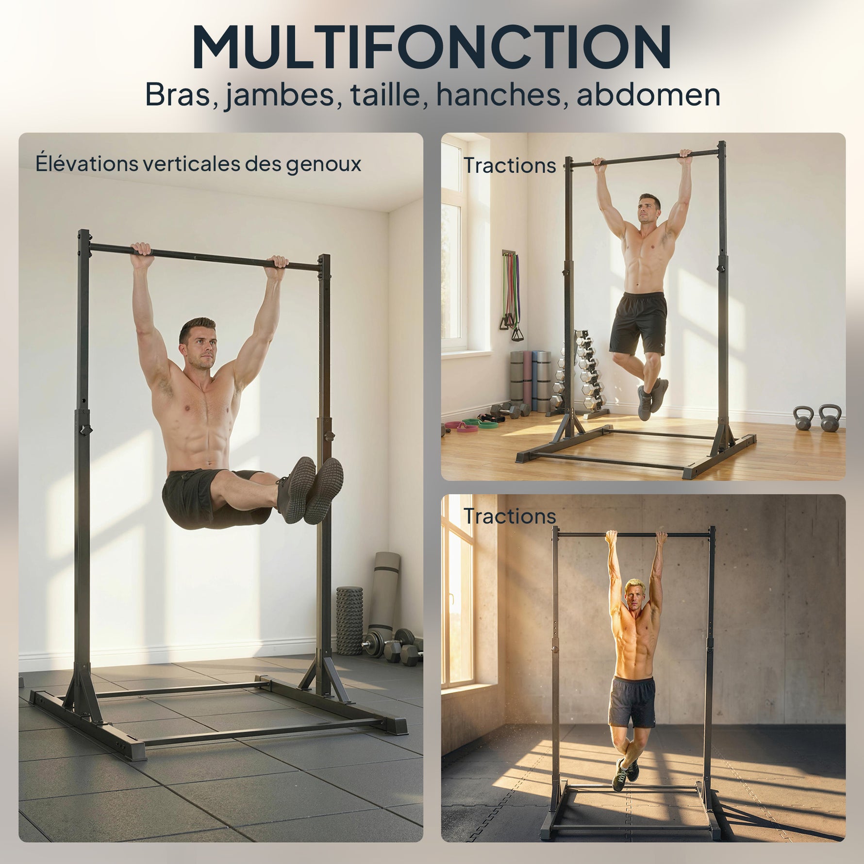 Station de musculation et barre de traction power tower 200 kg avec 8 niveaux de hauteur noir