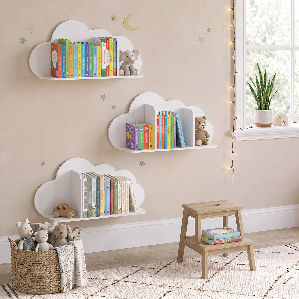 Set di 3 mensole portalibri da parete per bambini, a forma di nuvola, libreria per bambini 3-8 anni, bianco