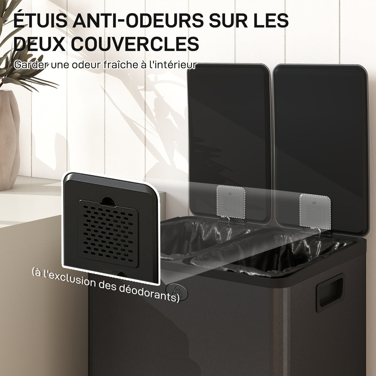 Poubelle de cuisine 2 compartiments de 2 x 28L, acier inoxydable, couvercle à fermeture douce, 45,8x36x67,6cm, noir