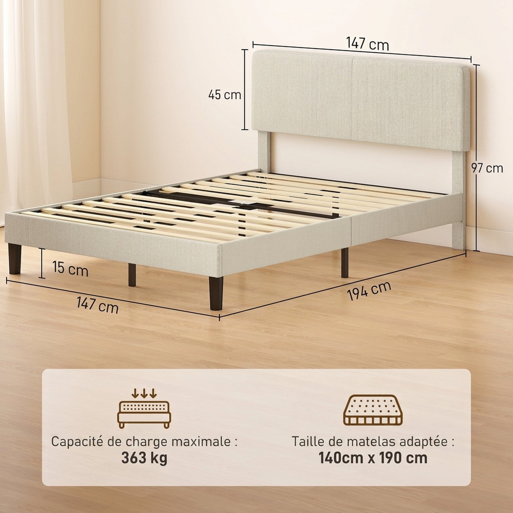 Cadre de Lit 140 x 190 cm avec Sommier, Tête Réglable, Lit Double Rembourré en Velours Côtelé, Sans Bruit, Gris Clair