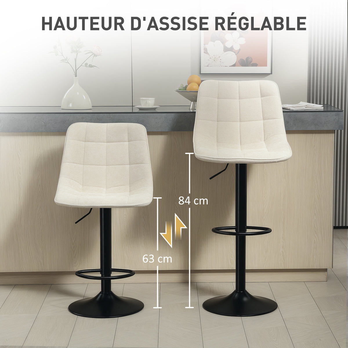 2er-Set Barhocker, höhenverstellbare Chenille-Barstühle mit 360° drehbarer Rückenlehne, 47x48x117,5 cm, Beige