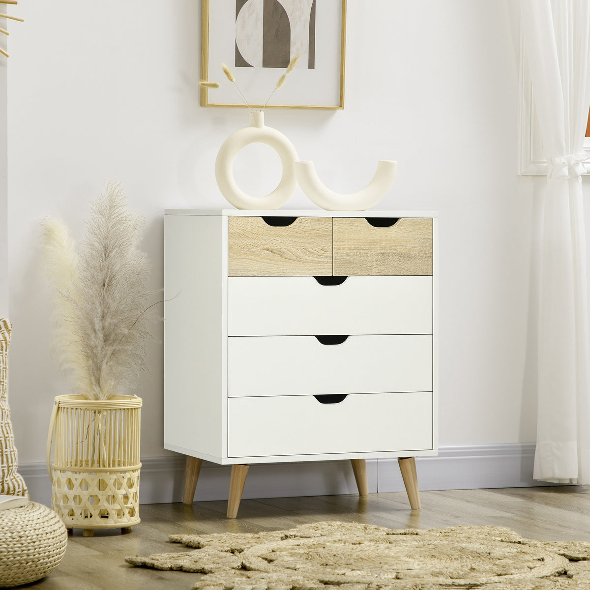Commode 5 tiroirs meuble de rangement 4 pieds biseautés - bois, 60 x 40 x 77,5 cm, blanc