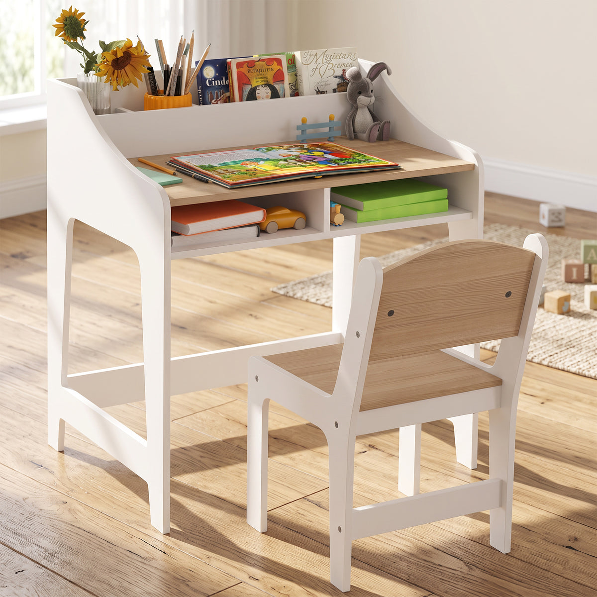 Ensemble bureau et chaise pour enfant 3 à 8 ans avec compartiments et étagères ouverts, effet bois naturel