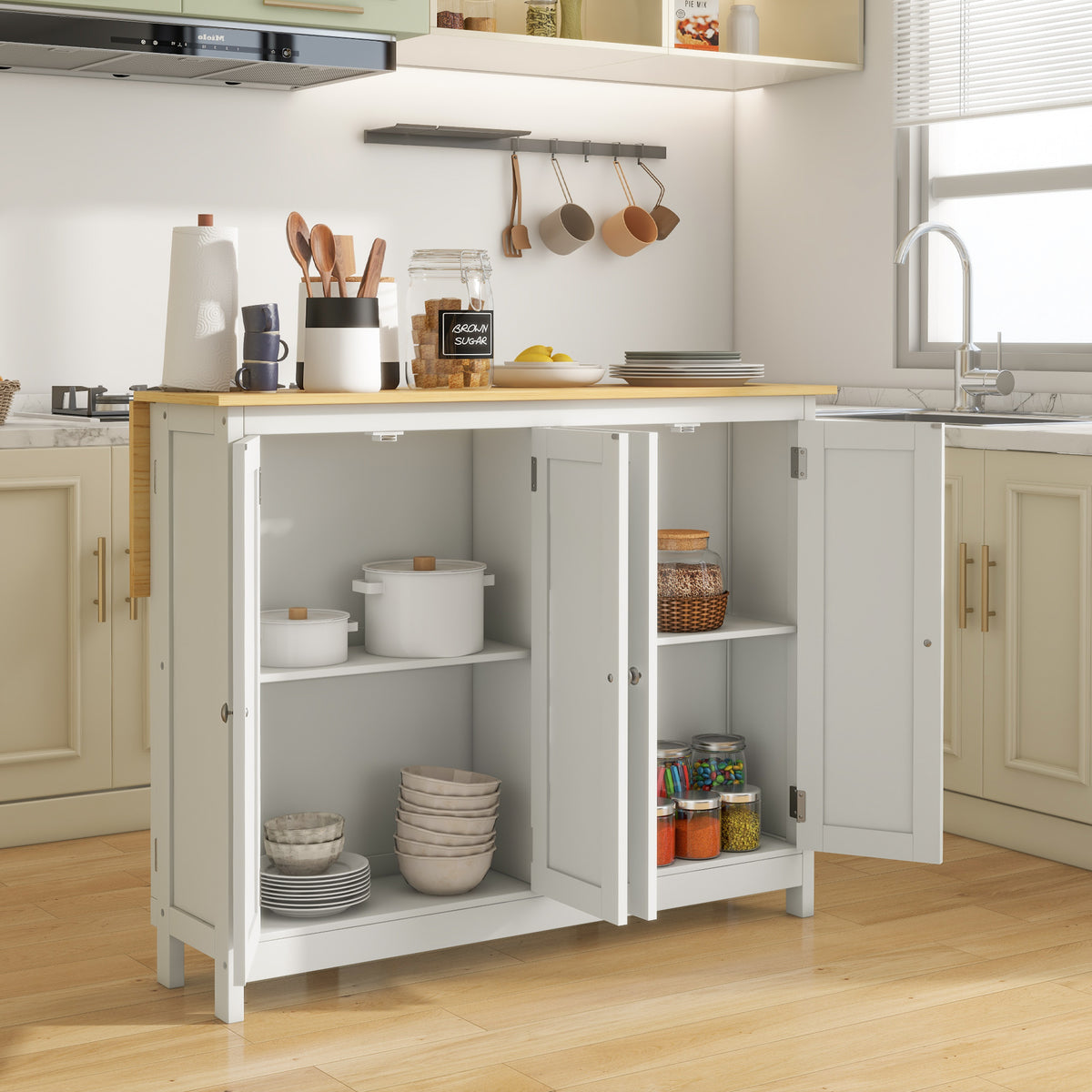 Desserte îlot de cuisine avec 2 tabourets plan de travail rabattable 2 placards avec 4 portes design moderne blanc