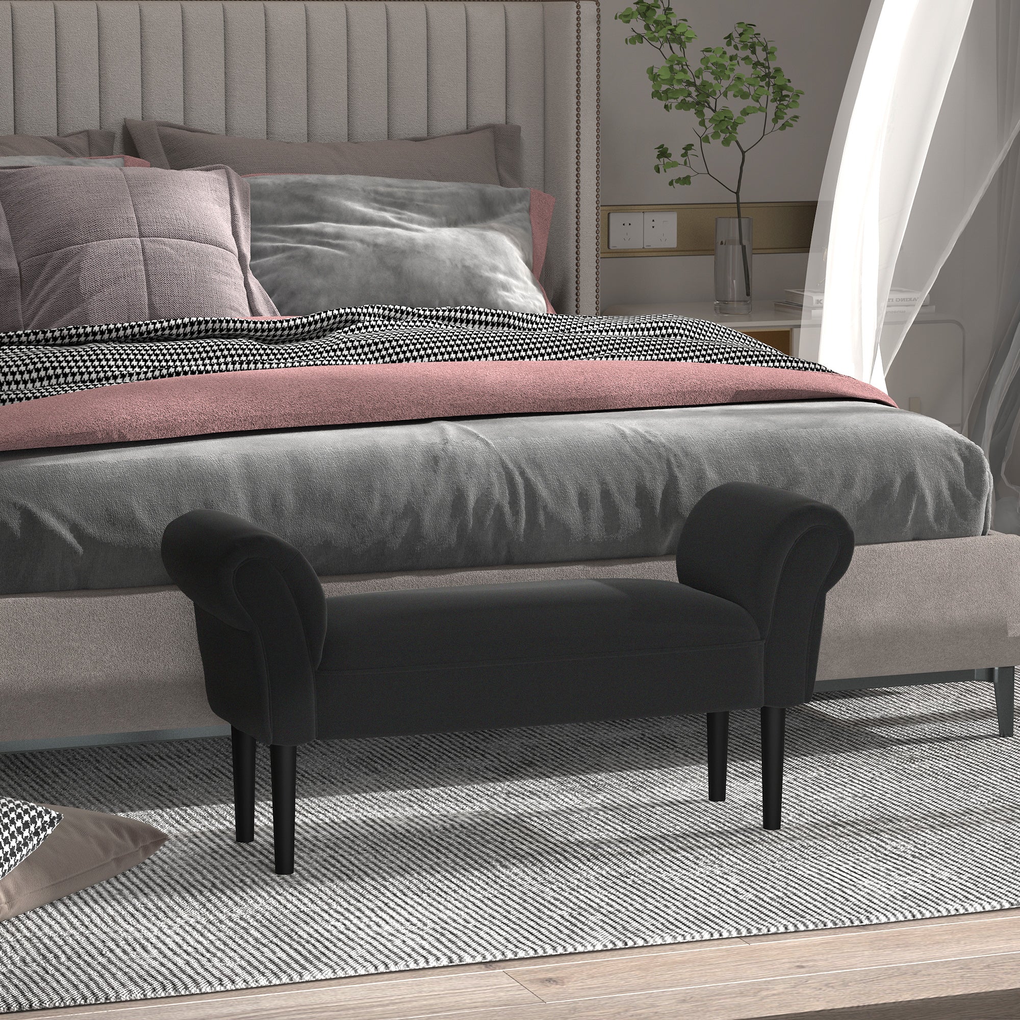 Banc Entrée Bout de Lit Rembourré pour Chambre à Coucher, Tissu à Voile, 102 x 36 x 51 cm, Noir