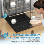 Cage à oiseaux volière avec balançoire poignée portable 4 mangeoires 3 perchoirs 50,5 x 41 x 104 cm en acier noir