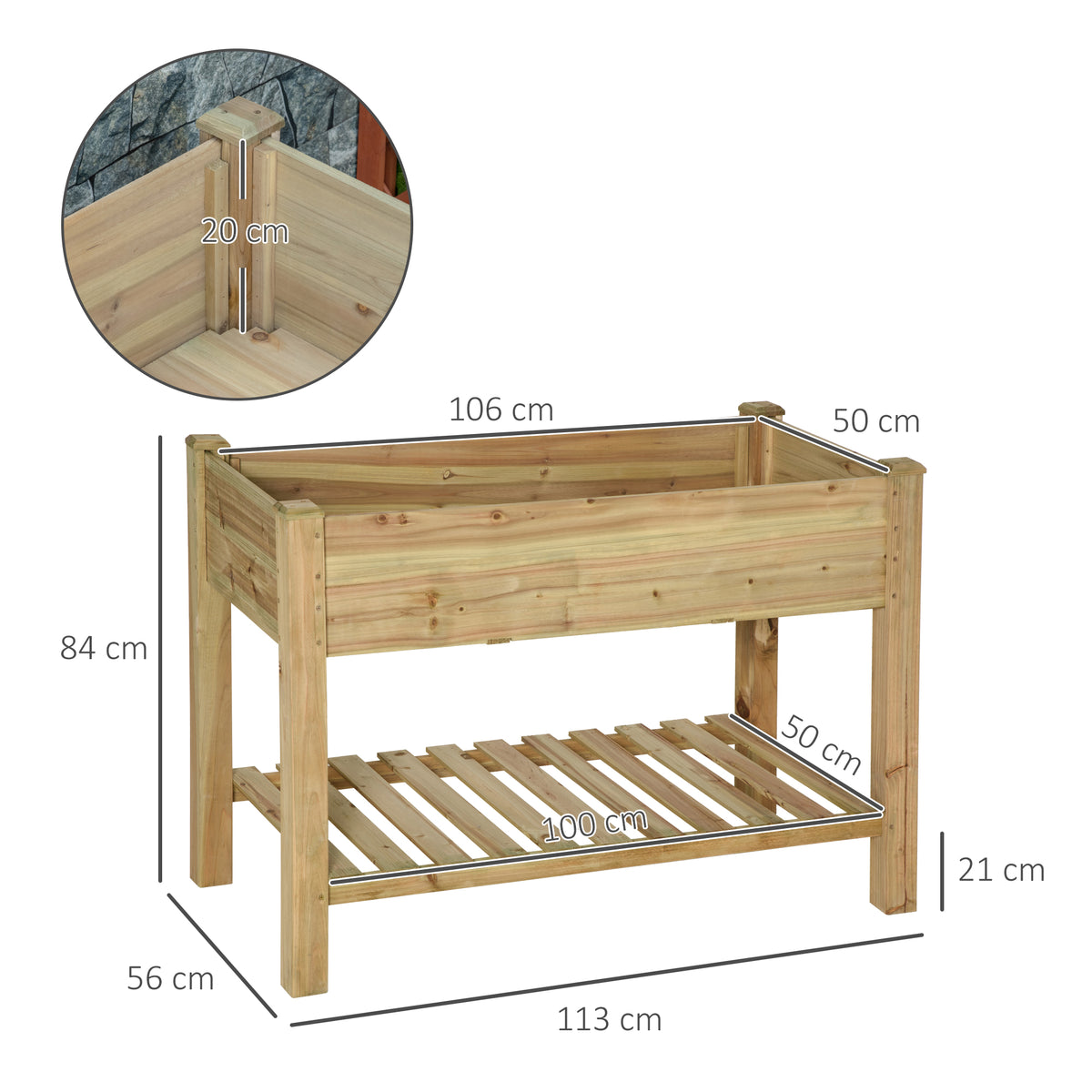 Jardinière surélevée avec Étagère de Rangement en Bois, Carré Potager sur Pied surélevé, 113 x 56 x 84 cm, vert