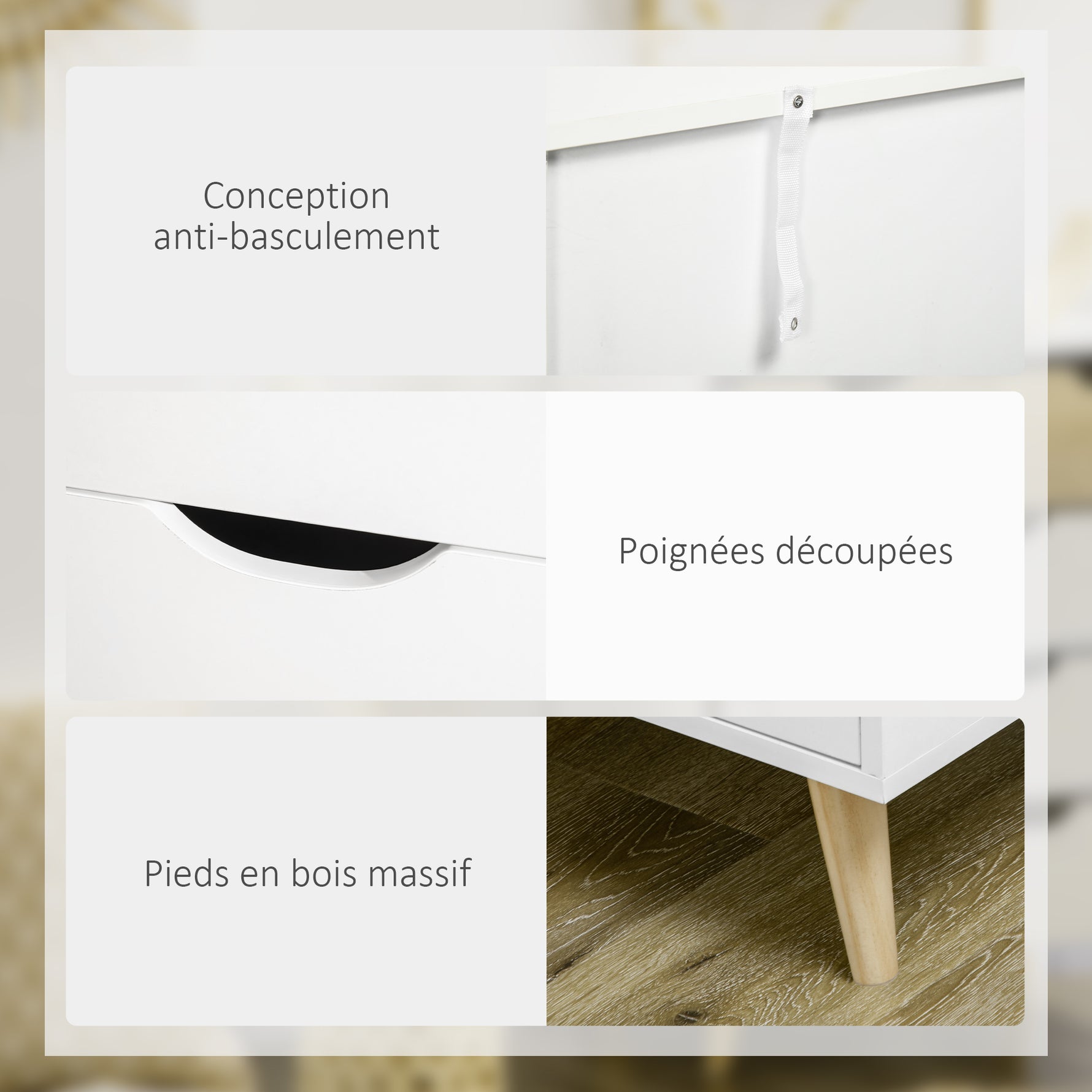 Commode 5 tiroirs meuble de rangement 4 pieds biseautés - bois, 60 x 40 x 77,5 cm, blanc