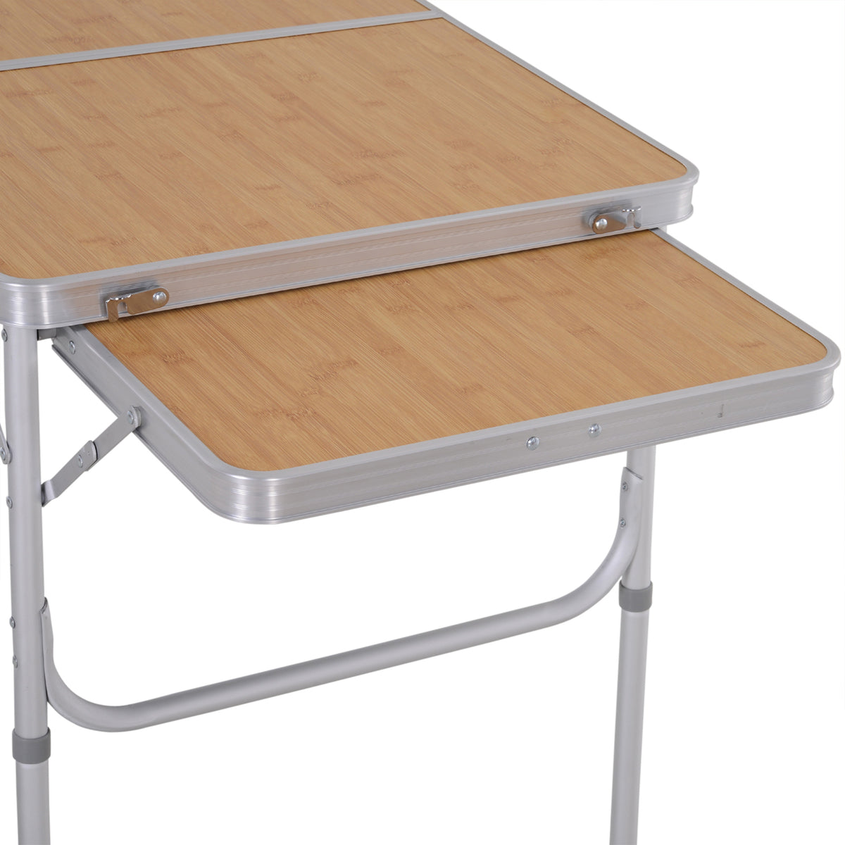 Table de camping pliante avec rallonge alu. MDF imitation bambou