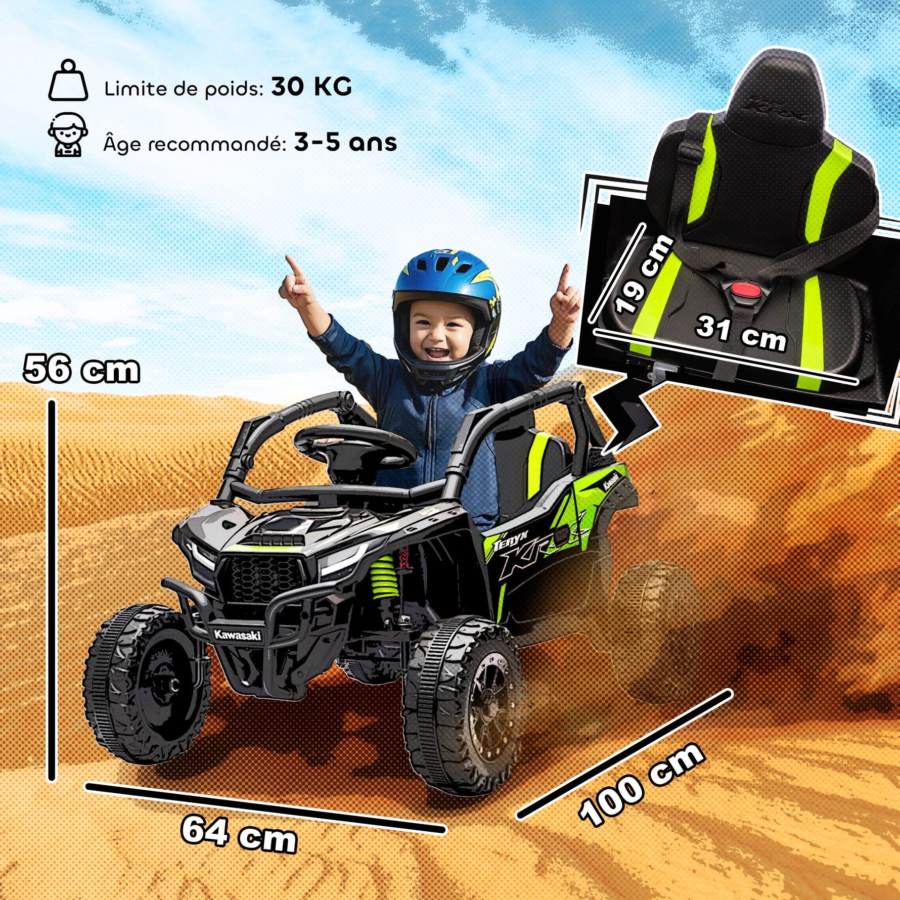 Voiture électrique enfant UTV KAWASAKI TERYX KRX 1000 12 V à 2 moteurs 25 W télécommande 2,4 Ghz 100 x 64 x 56 cm noir