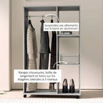 Armoire penderie meuble de rangement mobile 4 roulettes avec tringle à vêtements et étagères ouvertes, gris
