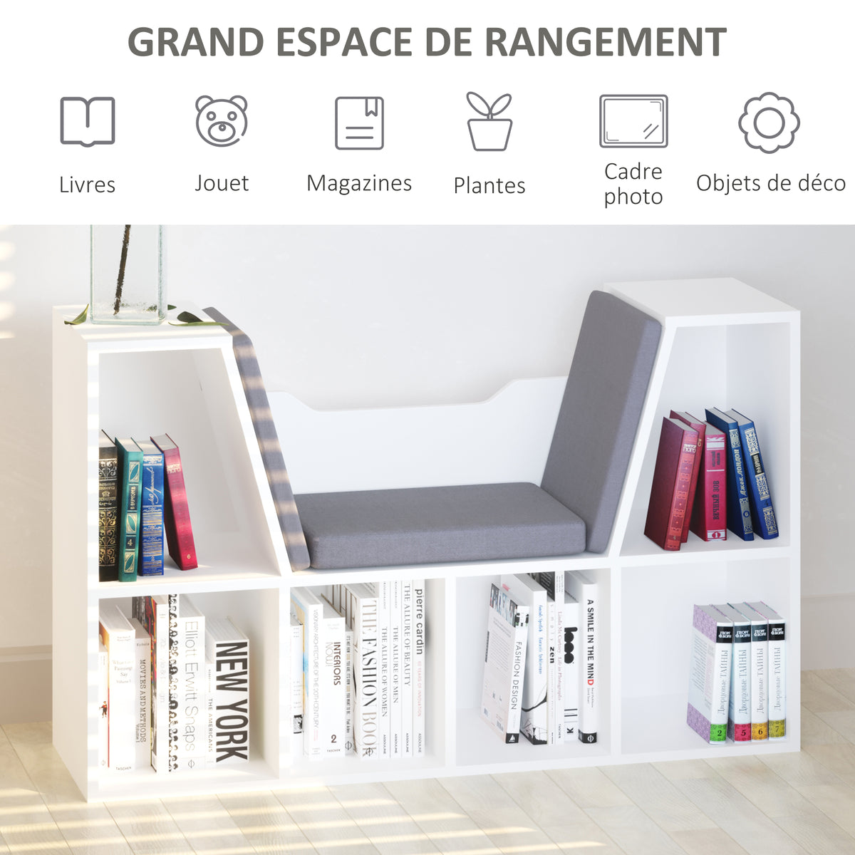 Bibliothèque banc 2 en 1 avec coussins de siège, étagère cube 6 compartiments ouverts et 2 niveaux, meuble de