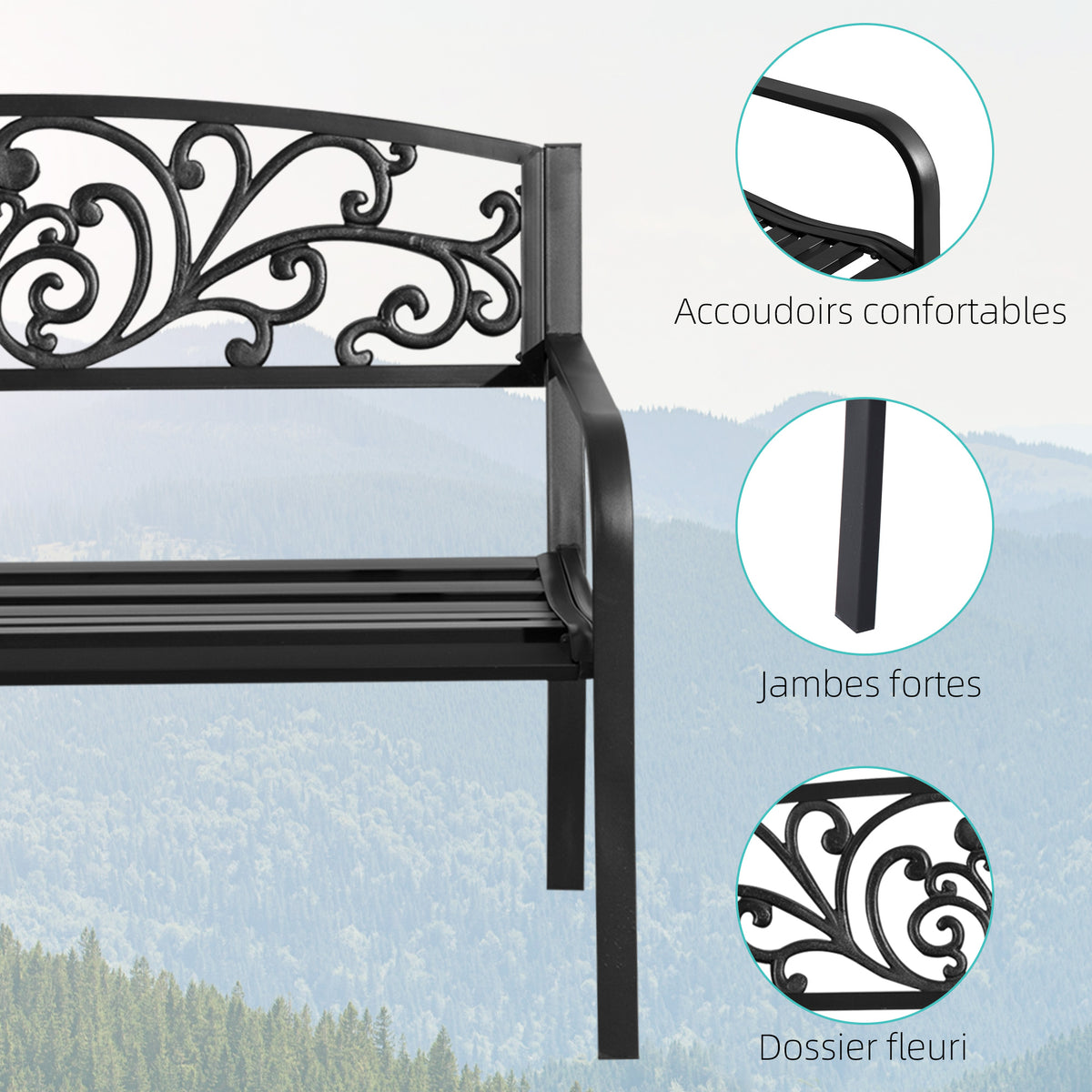Banc de Jardin terrasse en Acier Fonte Noir 2 Places 127 x 60 x 87 cm Charge Max 240 Kg