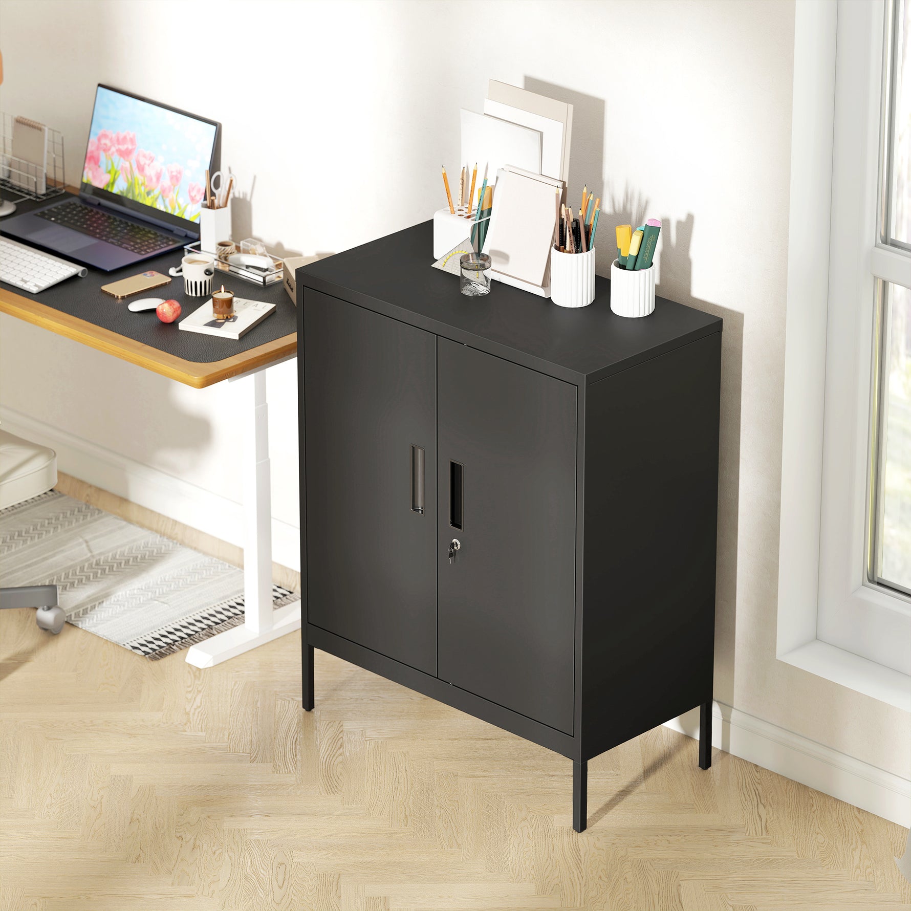 Armoire de Bureau Métallique, 80 x 40 x 100 cm, Meuble de Rangement, Serrure, 2 Portes et 2 Étagères Réglables, Noir