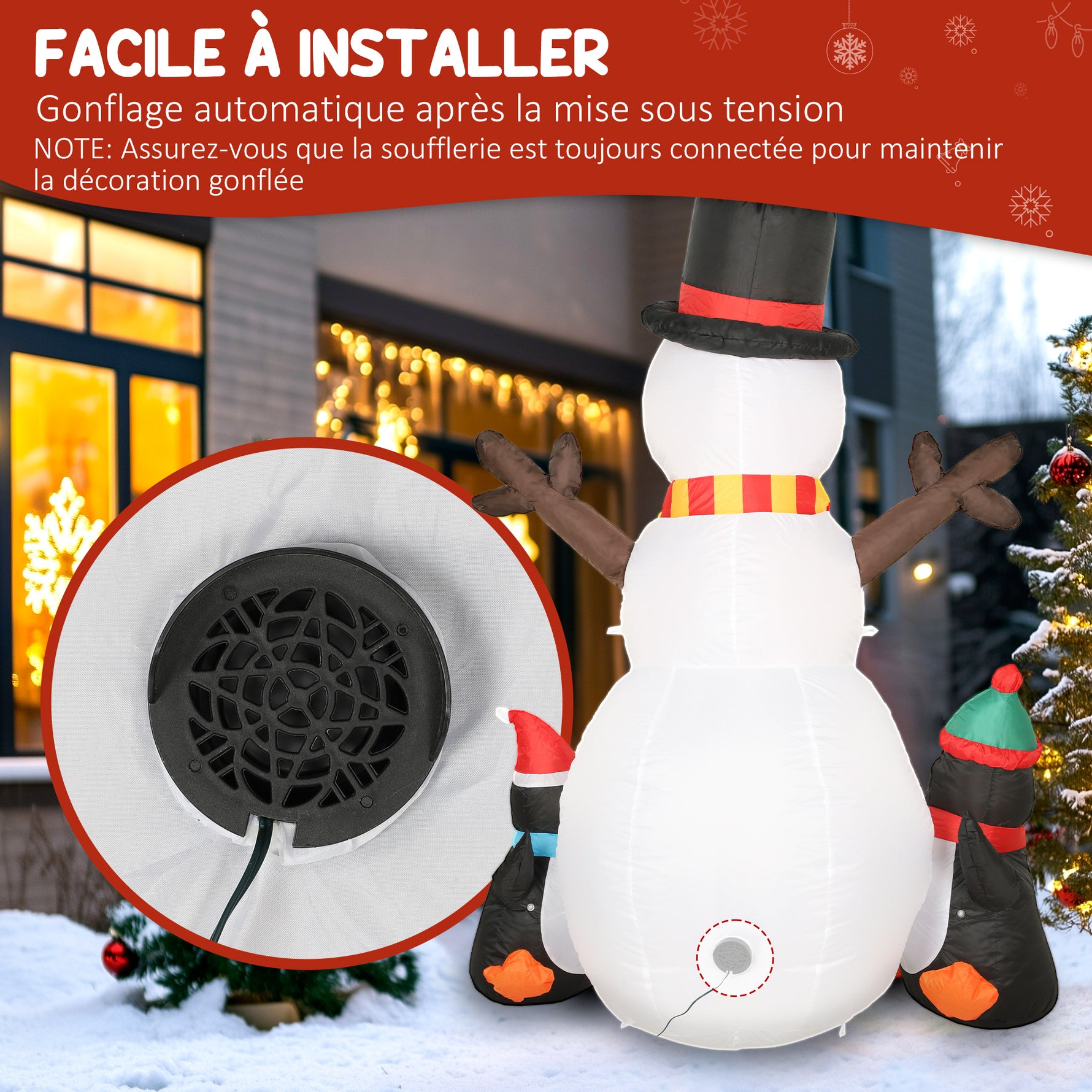 Bonhomme de neige et pingouins gonflable de Noël de 180 cm avec lumières LED, décoration de Noël intérieur et extérieur