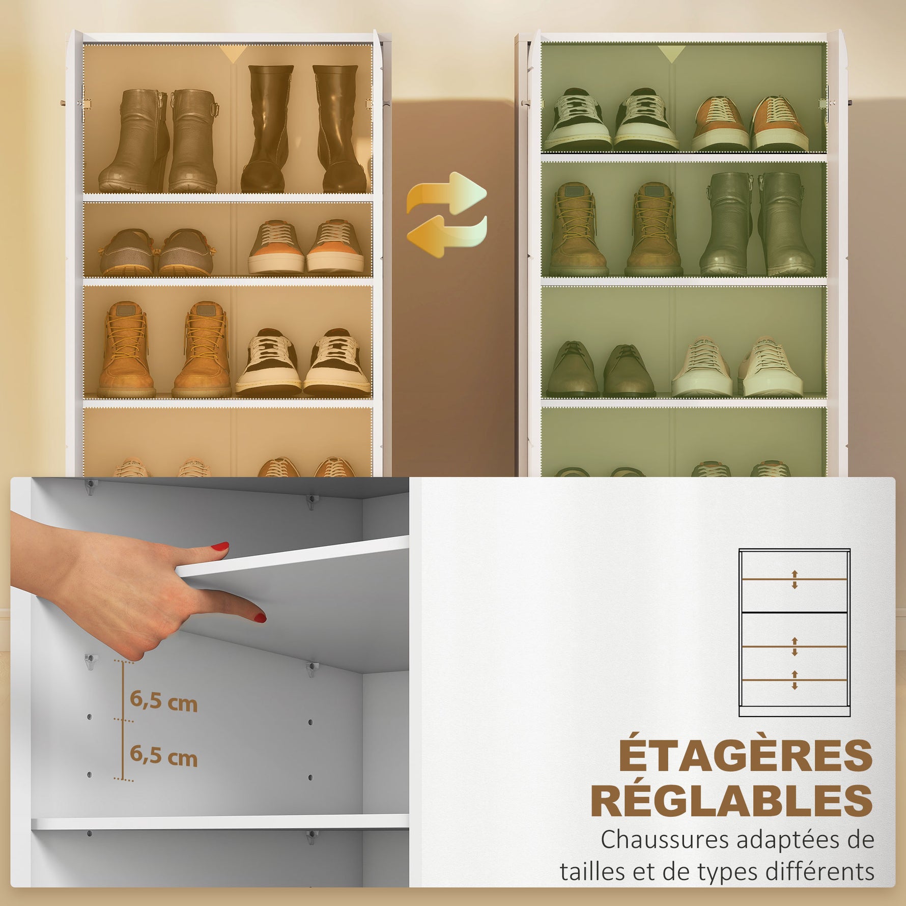 Meuble à chaussures 10 paires, armoire à chaussures à haute brillance 5 niveaux, étagères réglables, 55x36x108cm, blanc