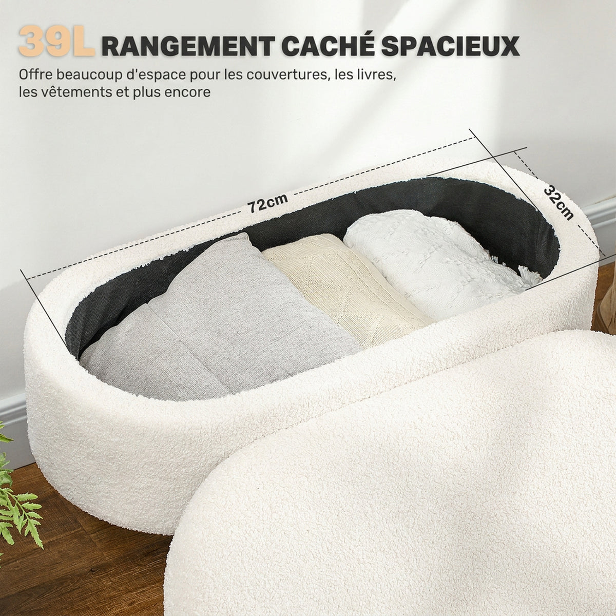 Banc de Rangement, Bout de Lit Rembourré en Peluche Teddy avec Couvercle et Pieds en Bois, 82 x 41 x 45 cm, Blanc