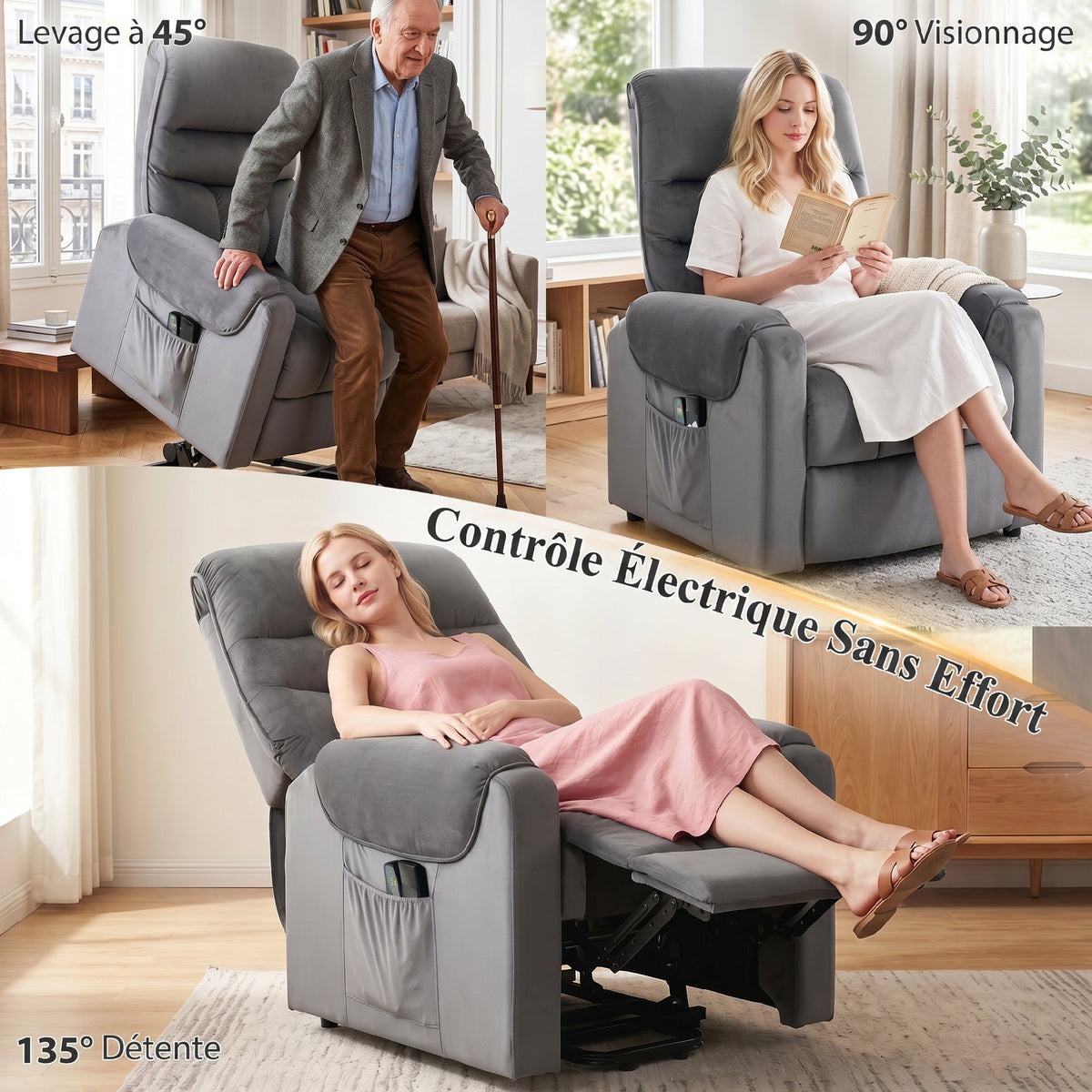 Fauteuil releveur électrique massage vibration et chaleur, fauteuil relax électrique en velours, gris foncé