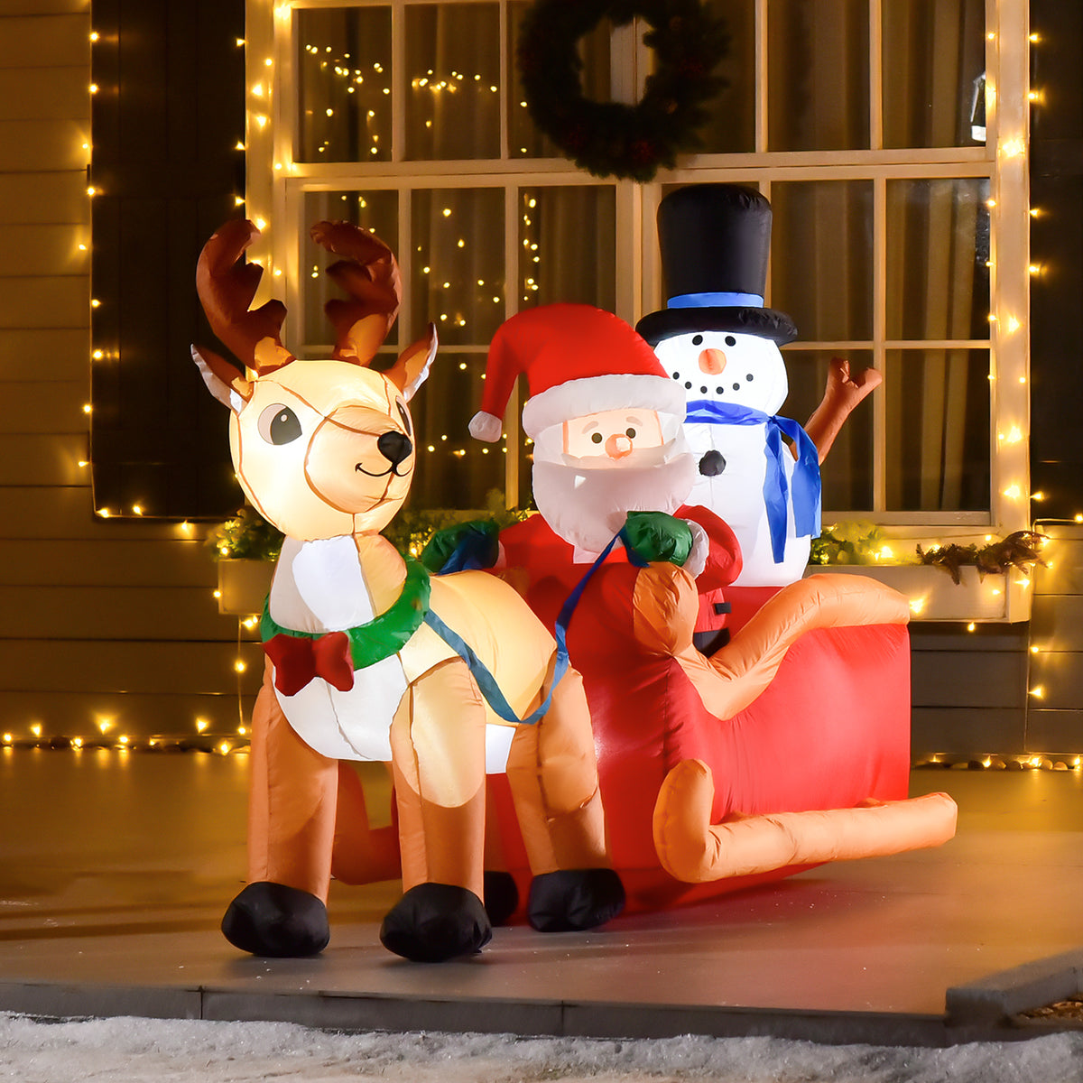 Père Noël gonflable avec traîneau et rennes 200 cm 5 lumières LED décoration de Noël intérieure et extérieure rouge