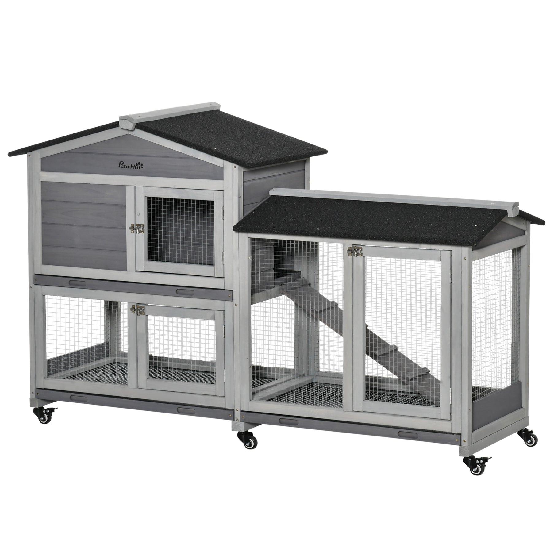 Clapier bois pour lapins petit enclos animaux villa pour lapin sur roulettes 2 étages gris