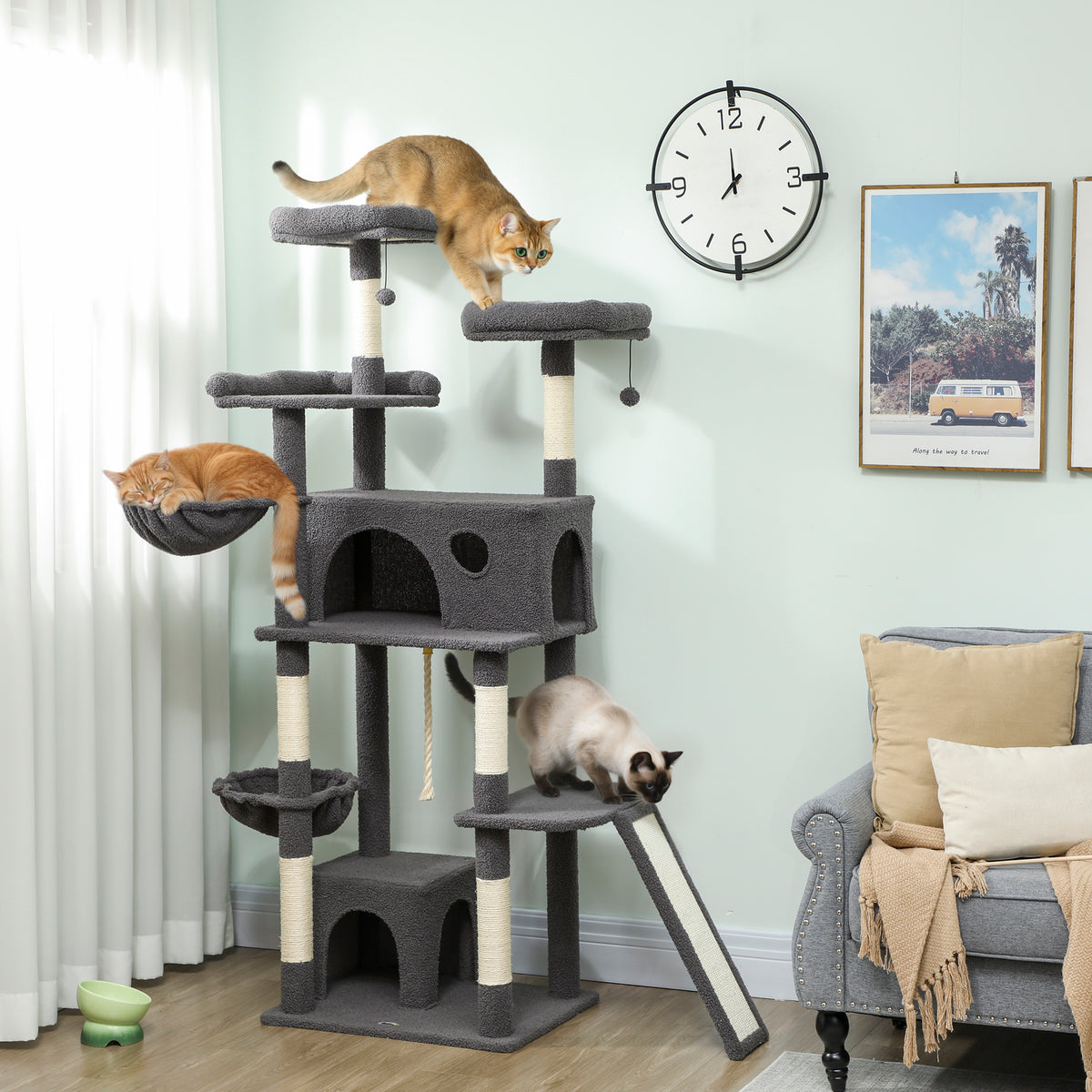Arbre à chat tour de jeux pour chat avec griffoir 3 lits 2 niches plateformes et 3 jouets suspendus hauteur 174 cm gris