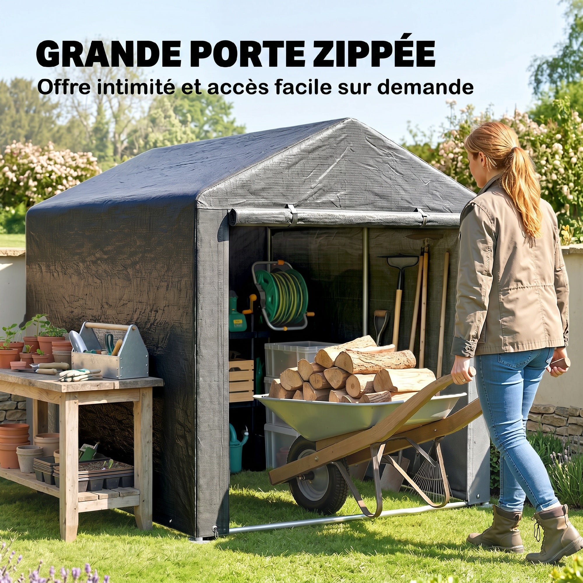 Abri de jardin tente de stockage portable abri de vélo garage pour extérieur avec cadre en acier galvanisé grande porte