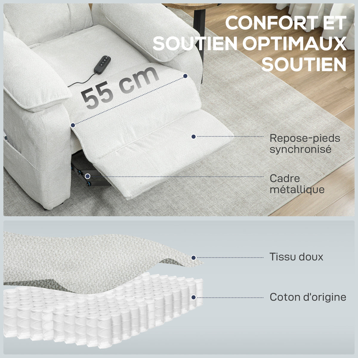 Fauteuil relax électrique fauteuil inclinable port USB repose-pieds poches latérales télécommande 86x90x103cm beige