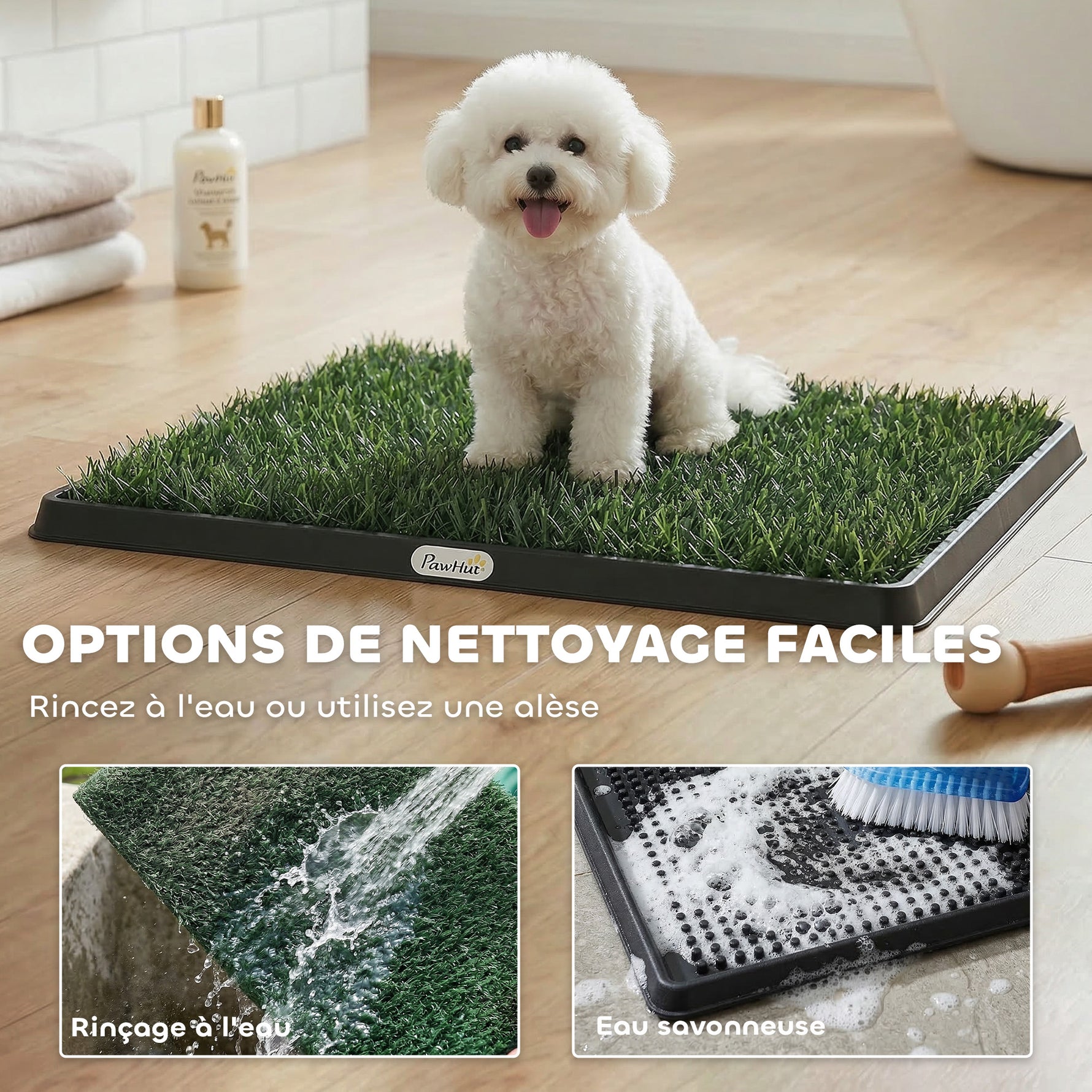 Toilette pour Chien avec 2 Tapis en Gazon Artificiel et Grille de Drainagec, Système Lavable, 63x50,5x3,5cm, Noir