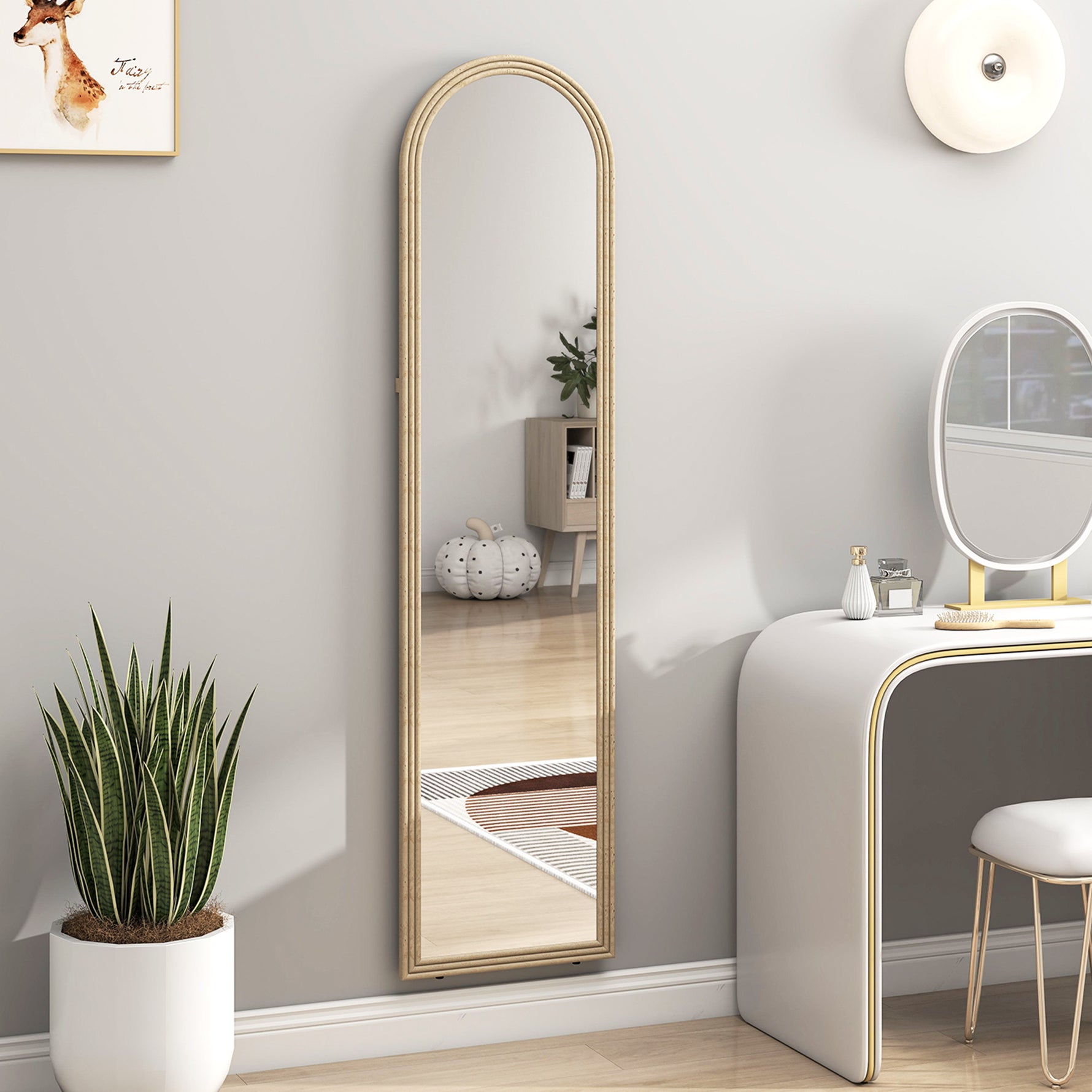 Miroir de sol arqué pleine longueur miroir sur pied cadre en effet imitation pierre pour salon chambre 40 x 160 cm beige