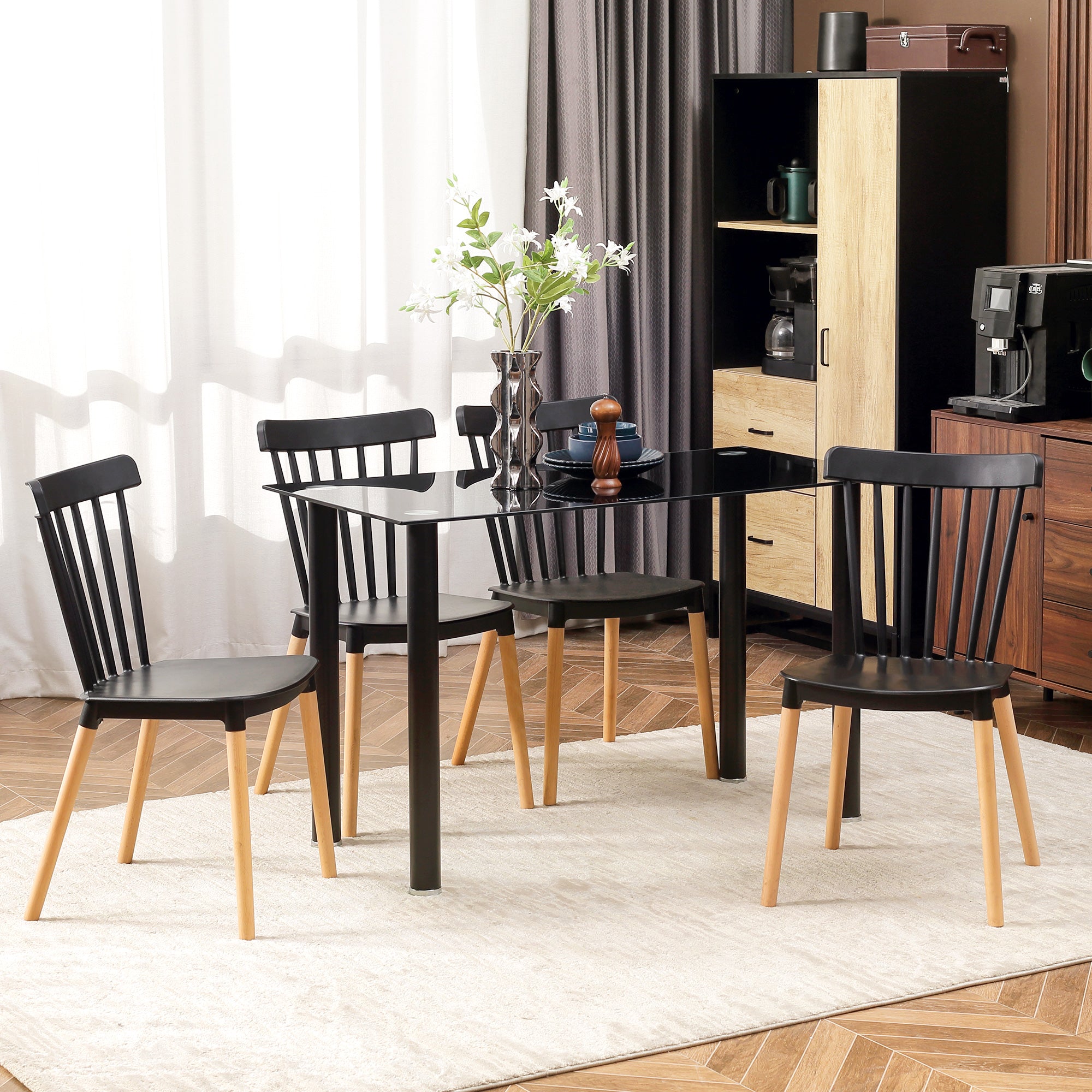 Lot de 4 chaises style scandinave dossier haut assise en polypropylène pieds en hêtre 48 x 52,5 x 83 cm noir