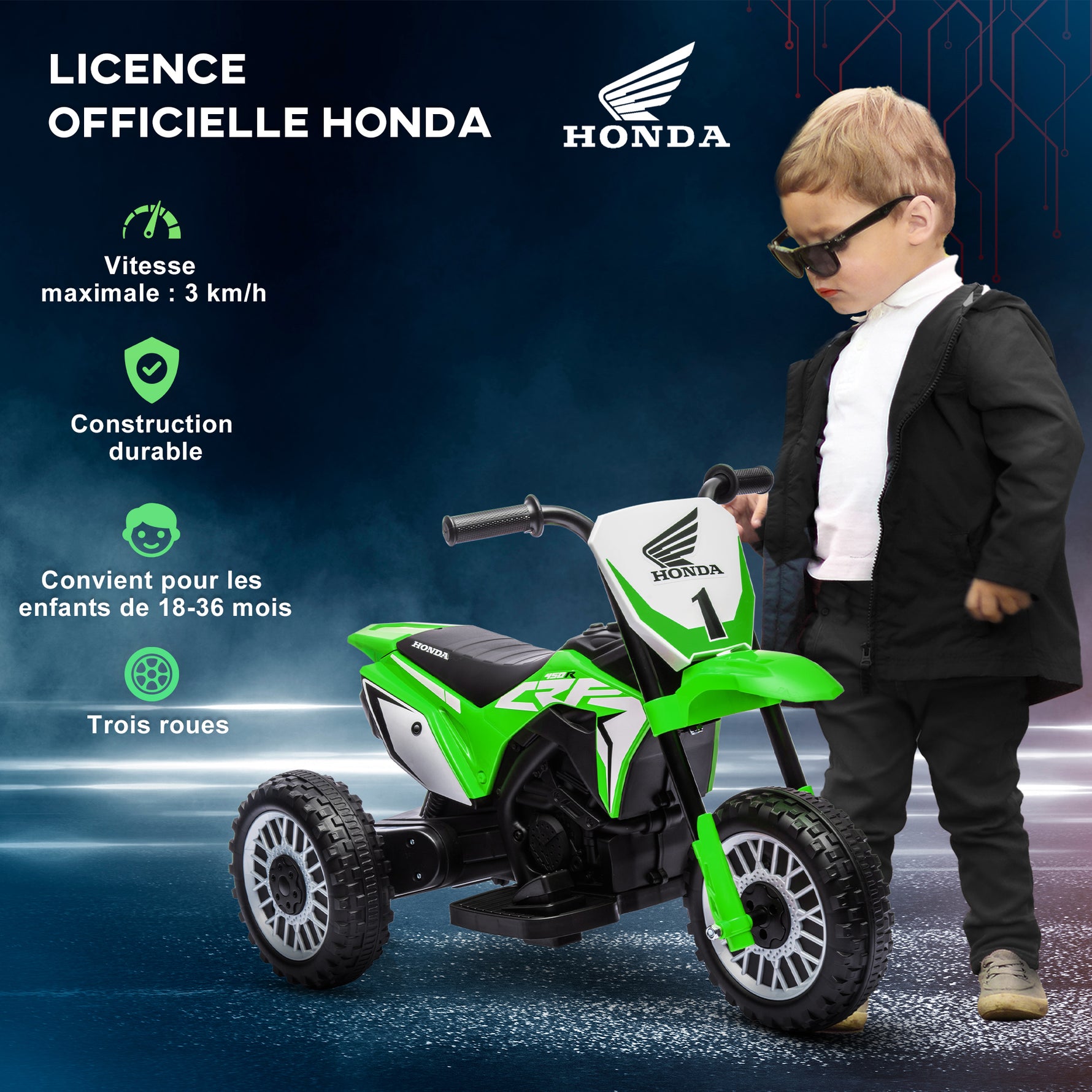 Moto cross éléctrique pour enfant licence Honda CRF450RL 3 roues batterie 6V enfants 18-36 mois vert