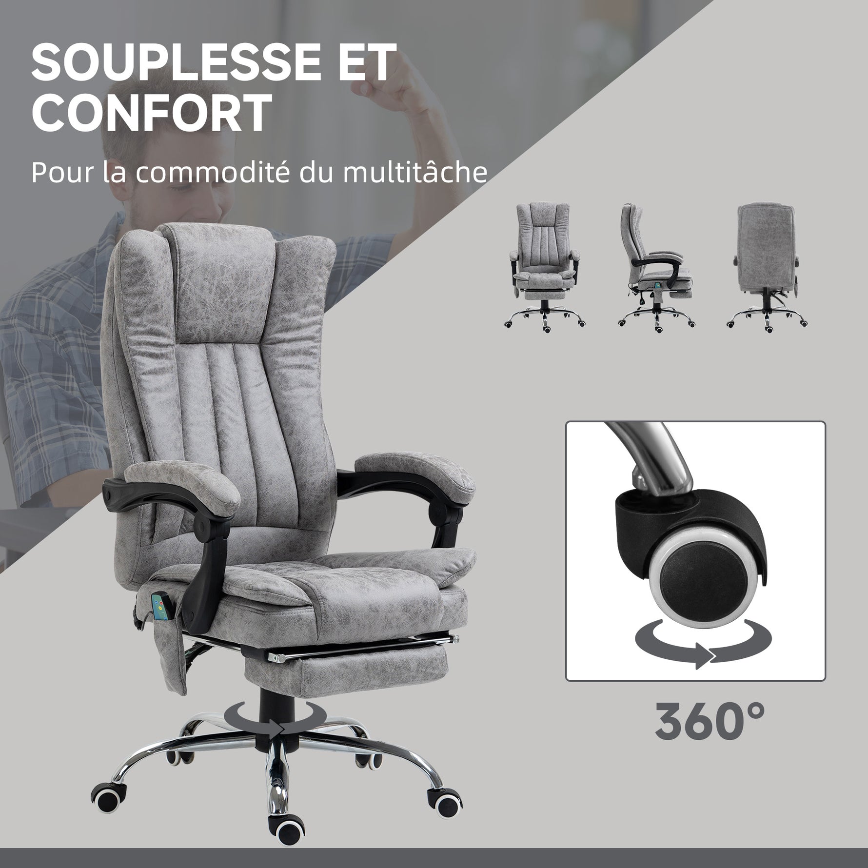 Fauteuil de bureau massant et chauffant, chaise de bureau, chaise ergonomique avec hauteur réglable, dossier inclinable, repose-pied et télécommande filaire, pivotant à 360°, gris