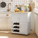 Carrello da cucina multi-ripiano, 2 armadietti, cassetto, portabottiglie da 9 posti, MDF bianco, piano in legno di gomma