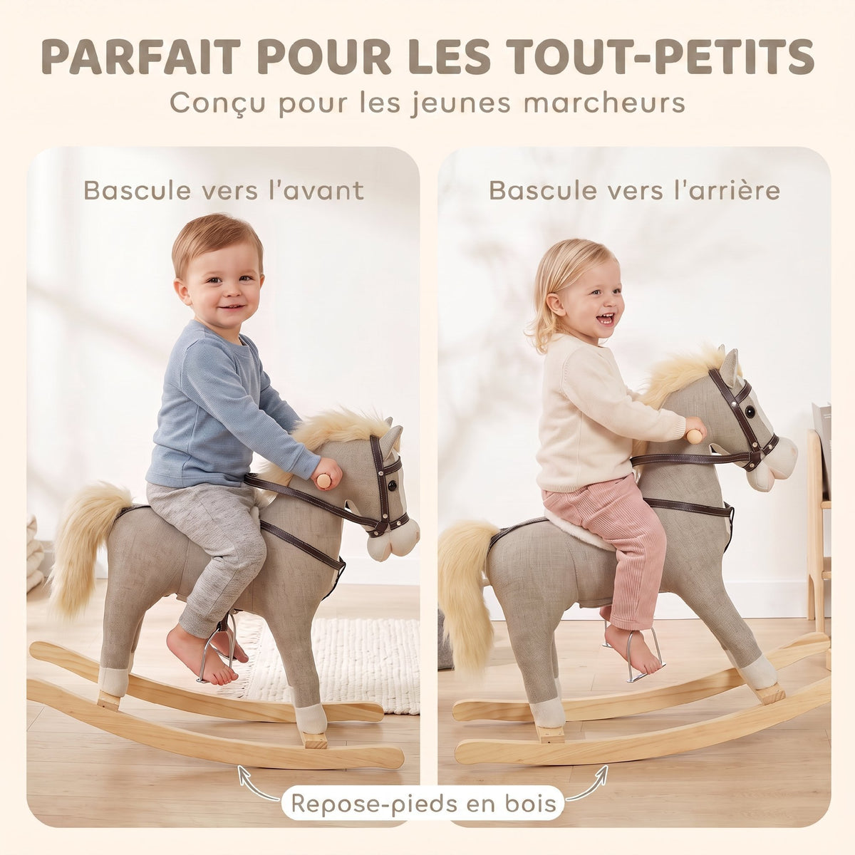 Cheval à bascule pour enfants, jouet à bascule bébé en tissu effet lin avec effets sonores et poignées de sécurité, gris