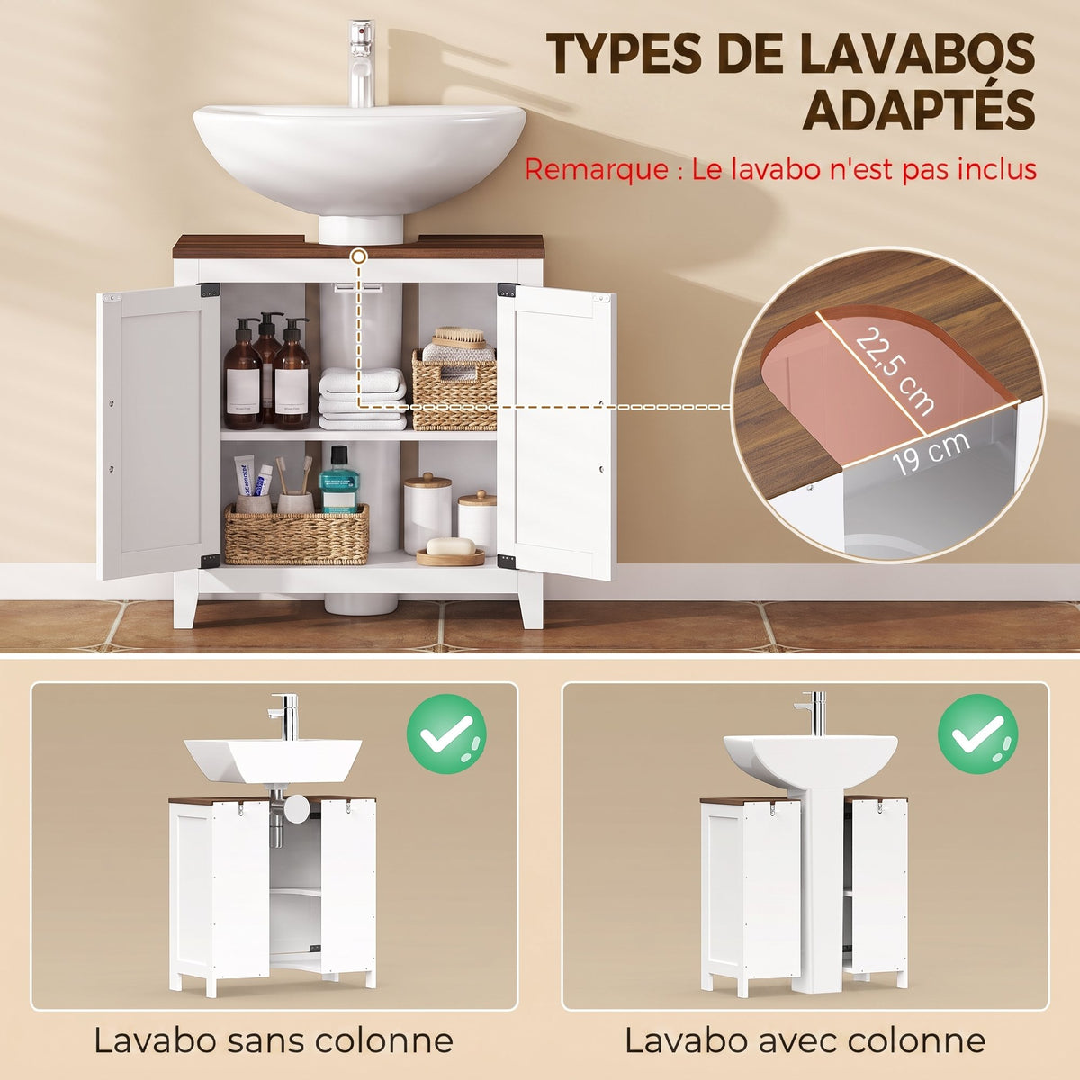 Meuble sous lavabo, meuble de salle de bain moderne avec 2 portes de grange et étagère réglable, blanc
