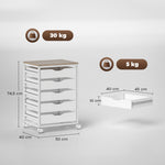 Cajonera de oficina móvil, mueble de almacenamiento con ruedas de madera con 5 cajones, tiradores integrados, 50 x 40 x 74,5 cm, blanco