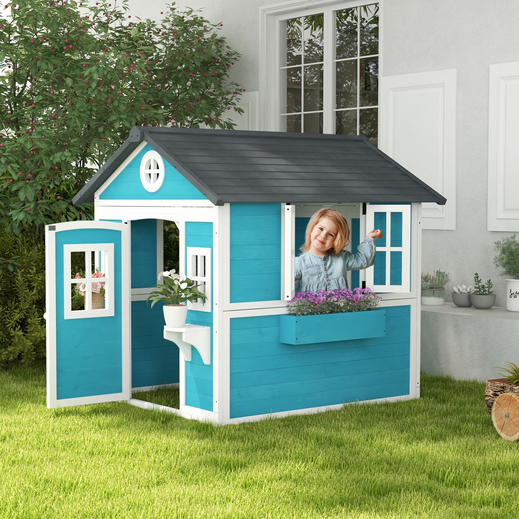 Cabane enfant extérieur maison enfant extérieure avec porte fenêtres et jardinières 114 x 126,4 x 135 cm bleu