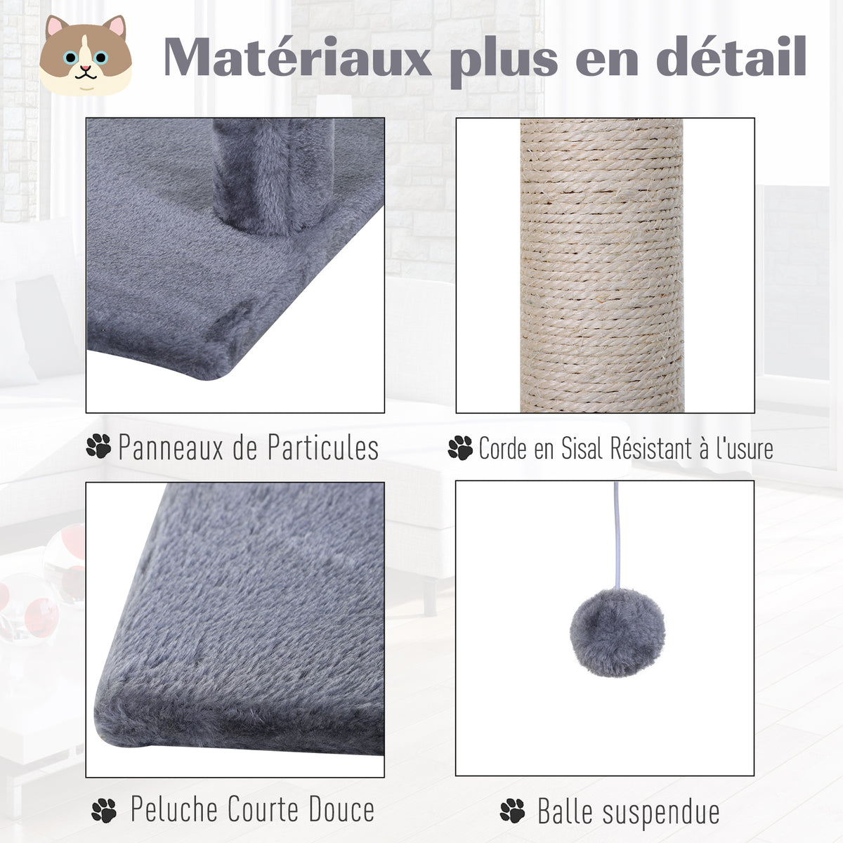 Tiragraffi per gatti, 3 colonne in sisal naturale, piattaforma, amaca e pallina sospesa, dim. 50L x 36P x 70A cm, in peluche corto grigio