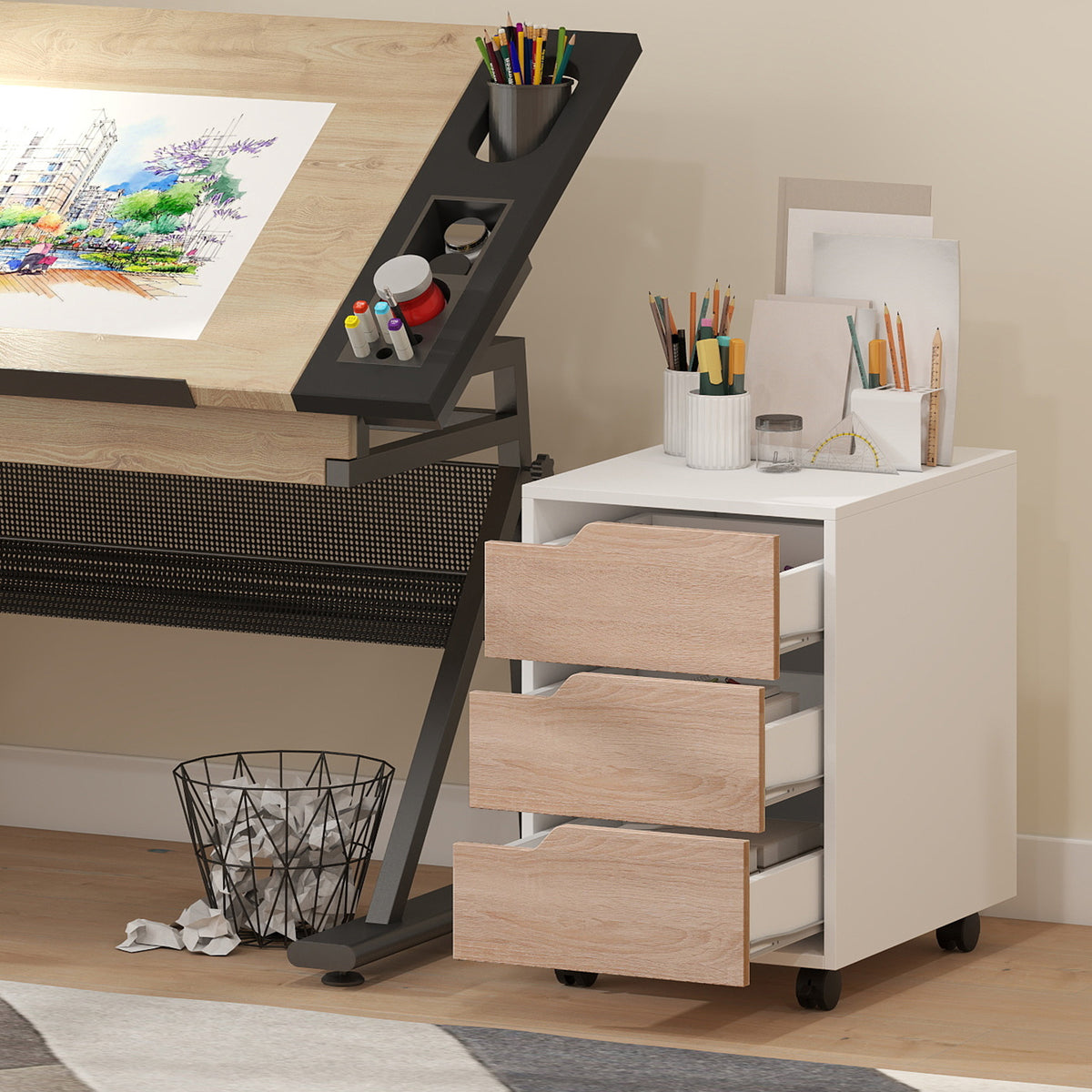 Caisson bureau mobile, meuble rangement bureau sur roulettes, 3 tiroirs, 40x50x57,5cm, blanc et chêne