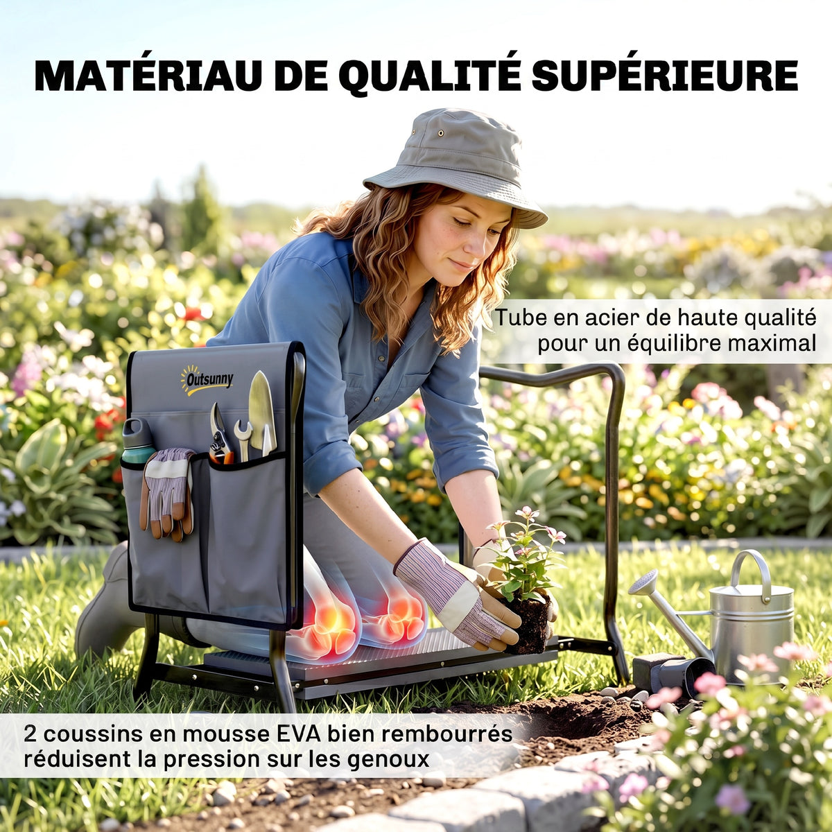 Tabouret de Jardin Pliable 2 en 1, Coussin en Mousse EVA et 4 Poches à Outils Amovible, Charge 150kg, 58x28x49cm, Gris