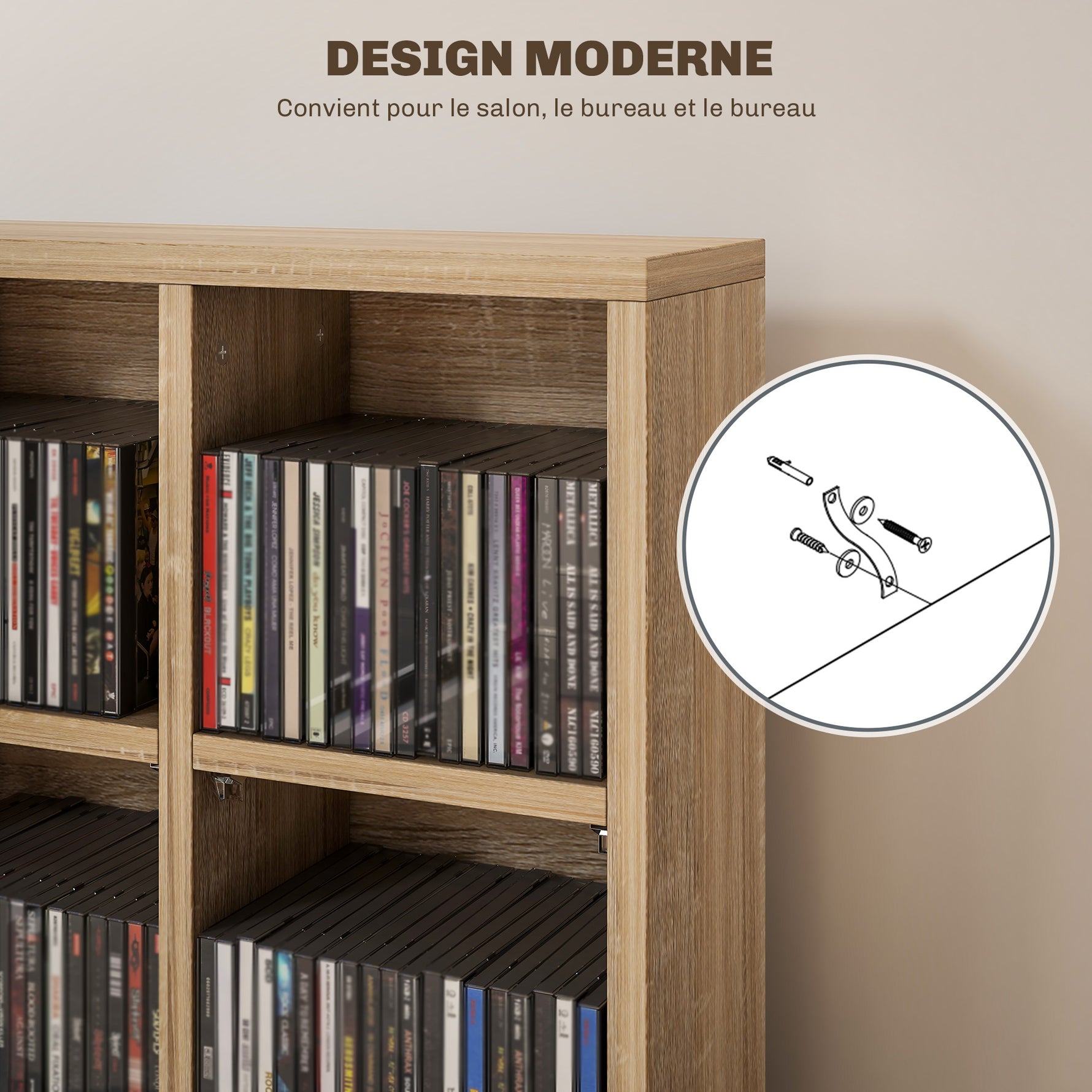 Meuble de rangement multimédia 456 CD/ 336 DVD - bibliothèque en bois avec étagères réglables 89 x 130,5 cm bois naturel