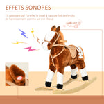 Cheval à Bascule en Bois et Peluche pour Enfant Cheval de Cowboy peluche Pour Enfants de 3-6 Ans Jouet balançoire avec Effet sonore Selle rênes Marron Blanc