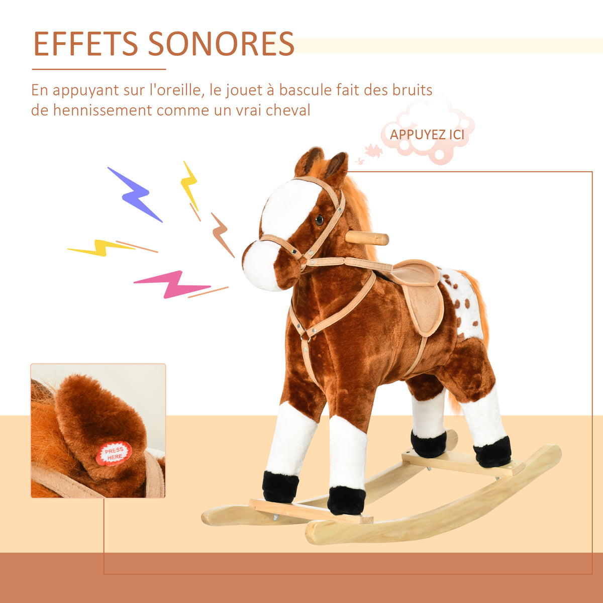 Cheval à Bascule en Bois et Peluche pour Enfant Cheval de Cowboy peluche Pour Enfants de 3-6 Ans Jouet balançoire avec Effet sonore Selle rênes Marron Blanc