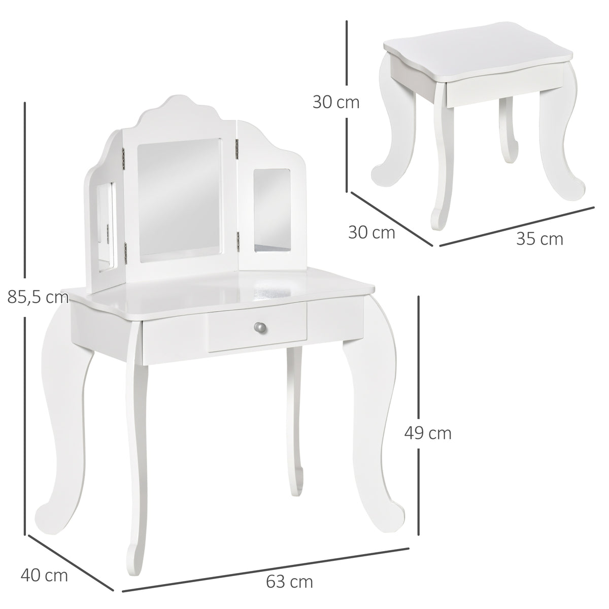 Coiffeuse Enfant avec Tabouret, Coiffeuse Bureau 2 en 1 Miroir triptyque et tiroir Coulissant Blanc Acrylique