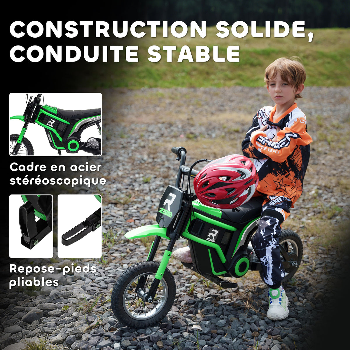 Moto cross électrique enfant moto électrique enfants moteur 350 W batterie 12V 8-16 km/h pneus gonflables 12'' vert