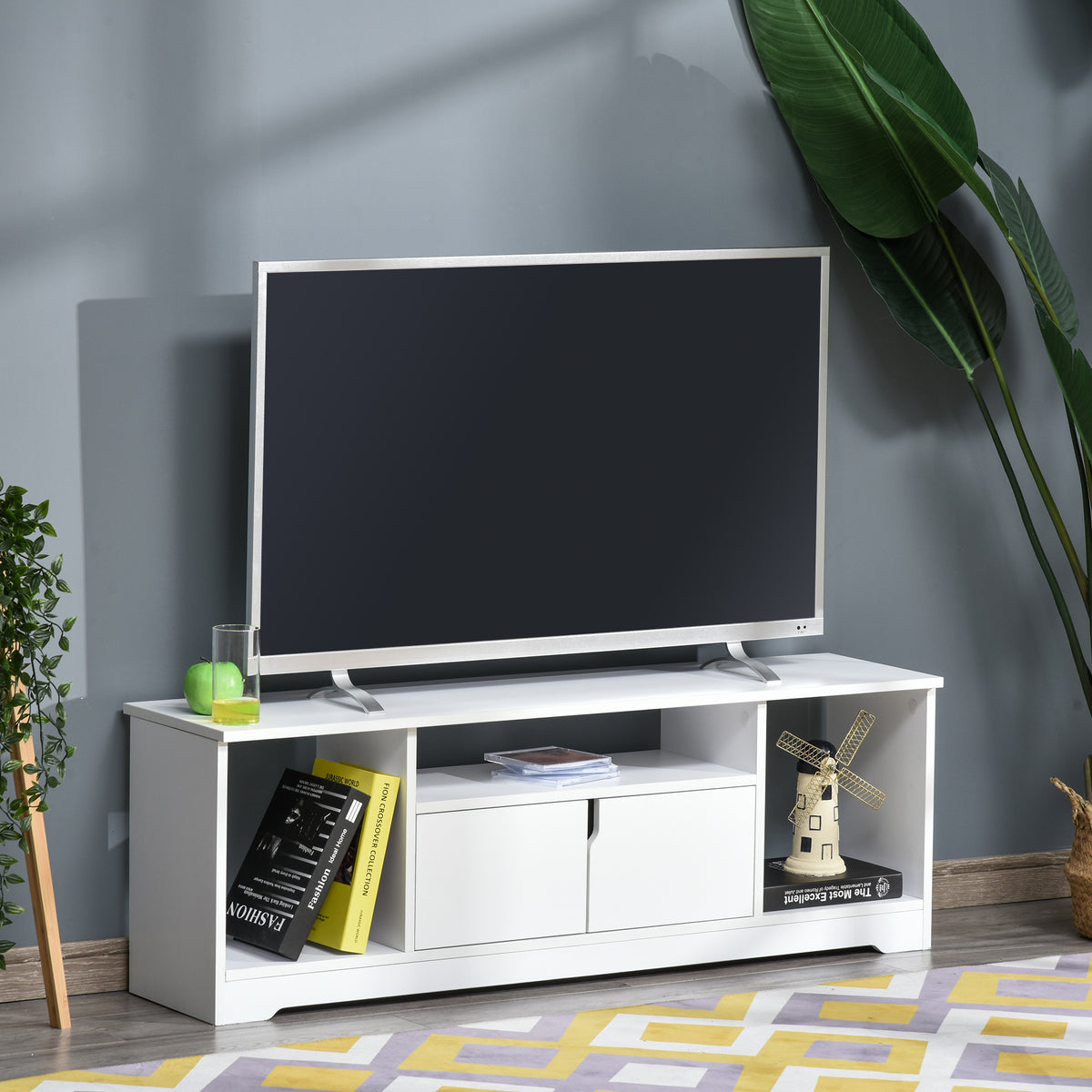 Meuble TV Banc TV Design Contemporain - 3 niches, Placard Double Porte - dim. 120L x 30l x 41H cm - Panneaux Particules Blanc