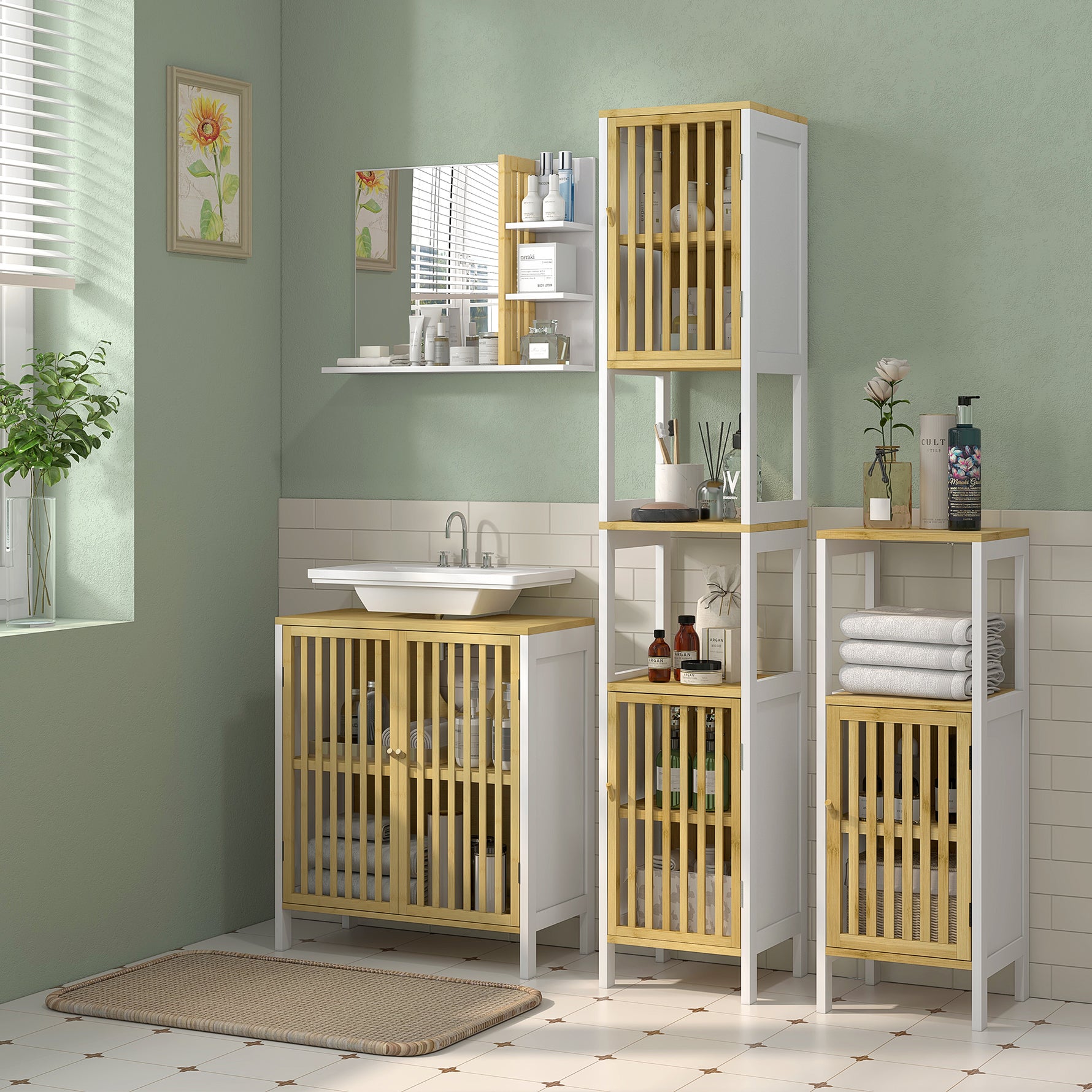 Meuble sous vasque 2 portes avec étagère réglable armoire de rangement pour lavabo 60 x 30 x 70 cm MDF et bambou