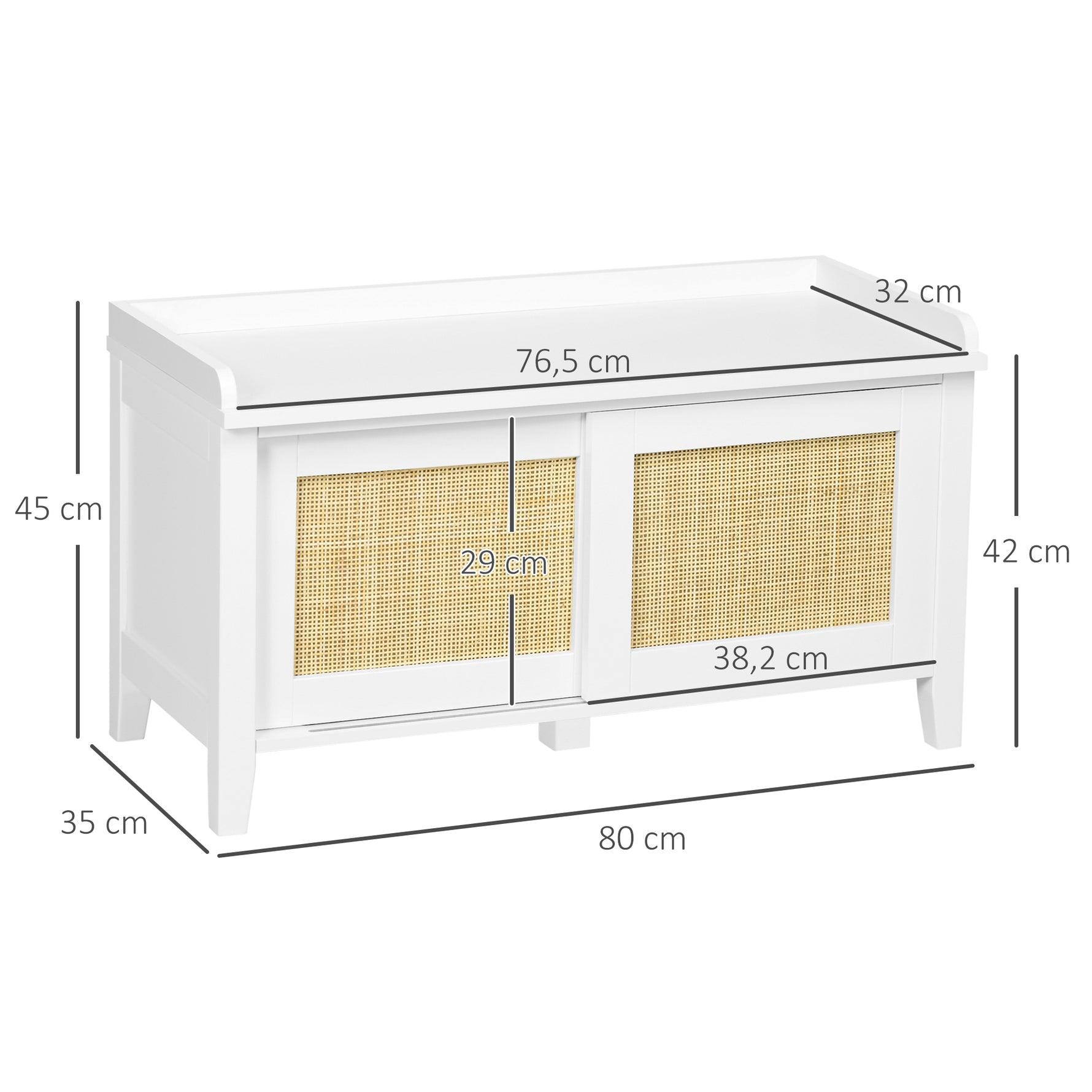 Banc à chaussures meuble de rangement avec porte coulissante et façades rotin tissé 80 x 35 x 45 cm blanc